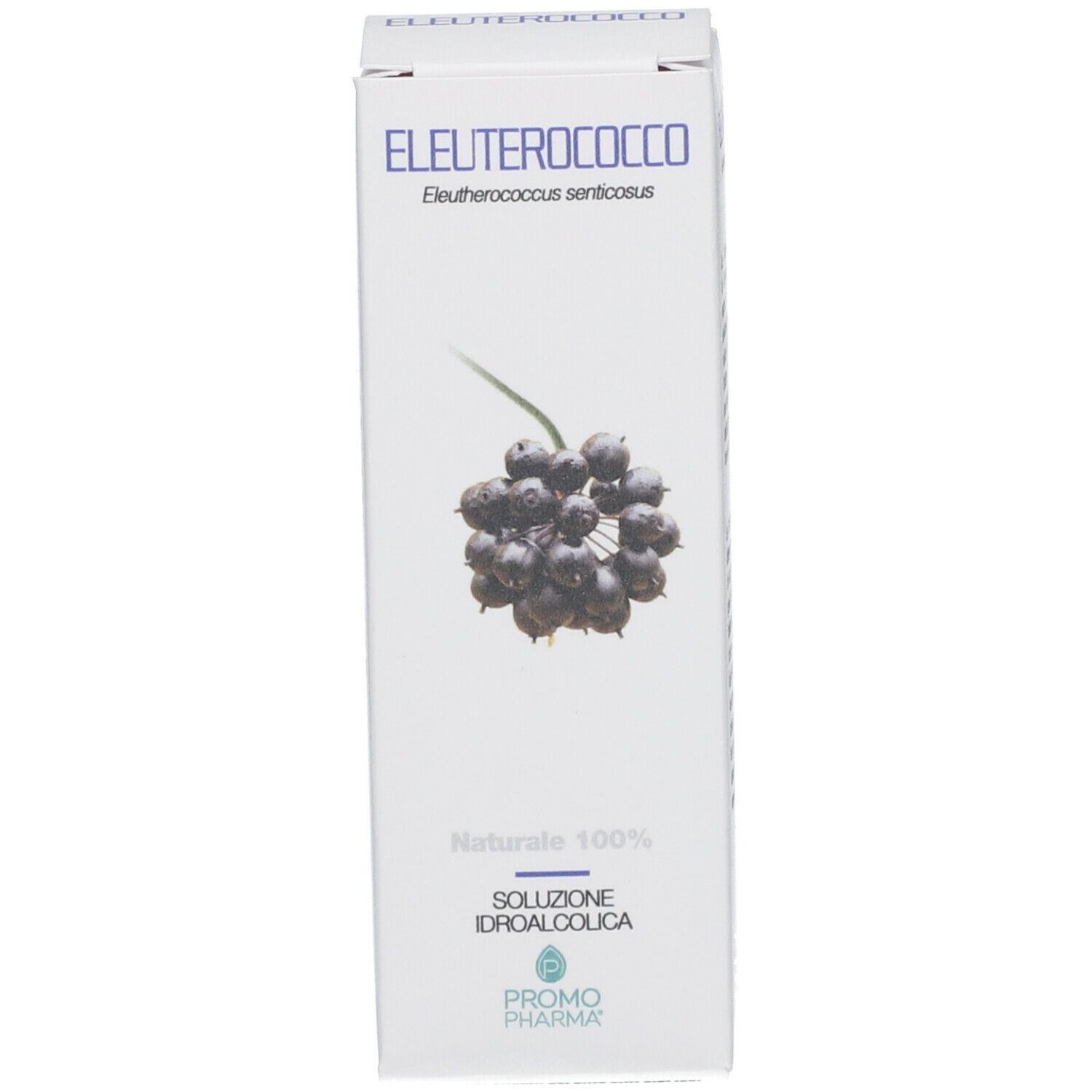 Scatola bianca con scritta: Eleuterococco, Soluzione idroalcolica. Illustrazione di bacche. Produttore: PromoPharma.