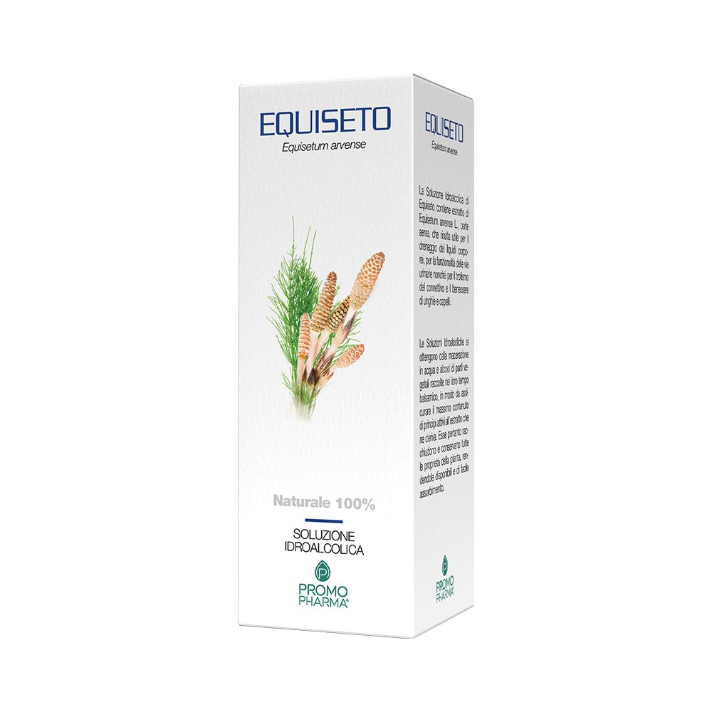PromoPharma® Equiseto. Scatola bianca con illustrazione e testo. Scritto: Equiseto, Soluzione Idroalcolica, Promo Pharma.