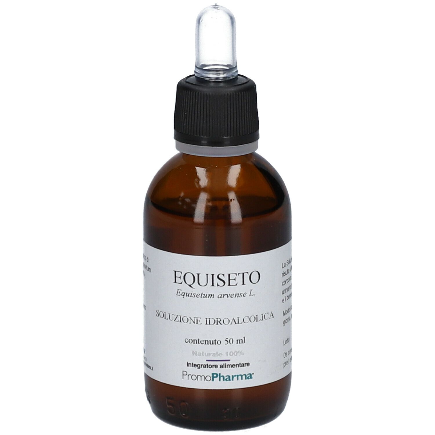 PromoPharma® Equiseto. Bottiglia di vetro marrone con contagocce. Scritto: Equiseto, Soluzione Idroalcolica, 50 ml, Promo Pharma.