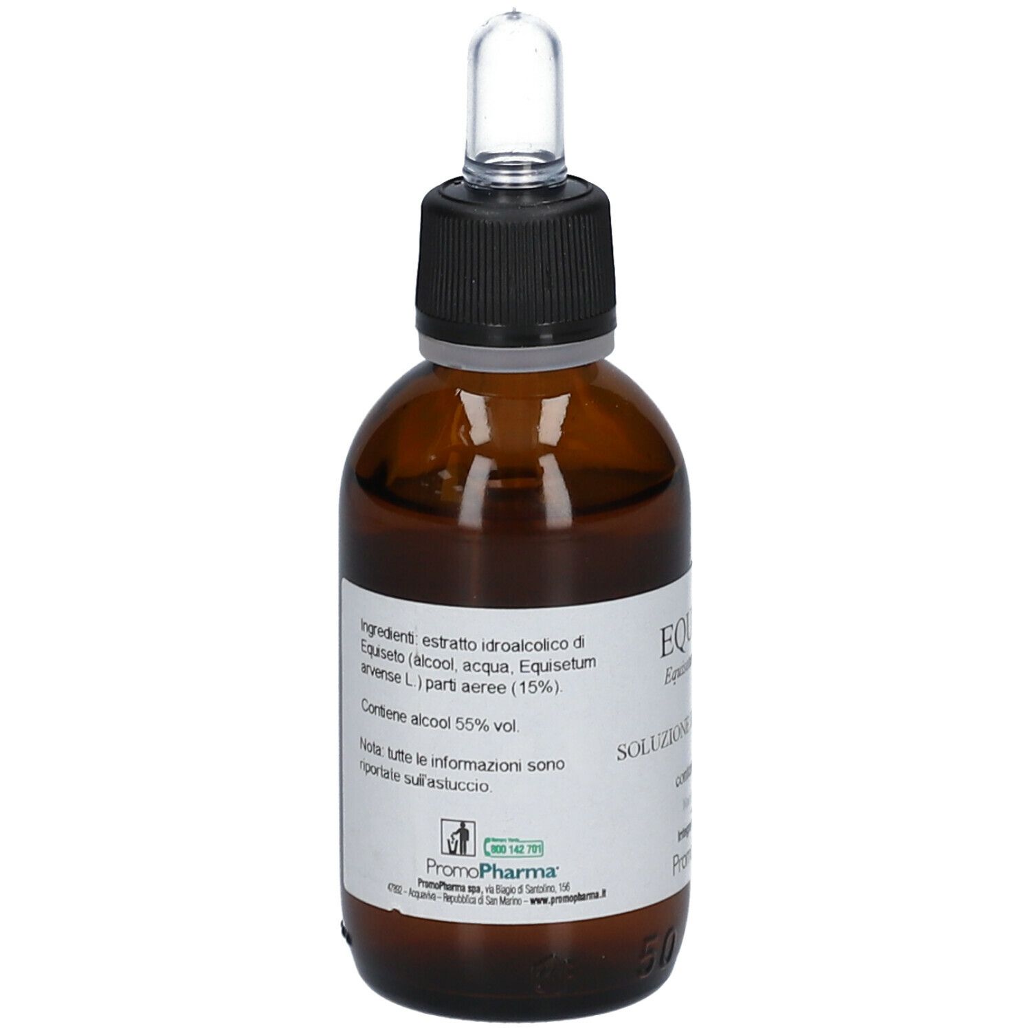 PromoPharma® Equiseto. Bottiglia di vetro marrone con contagocce. Scritto: Equiseto, Soluzione Idroalcolica, 50 ml, Promo Pharma. Contiene 55% di alcol.