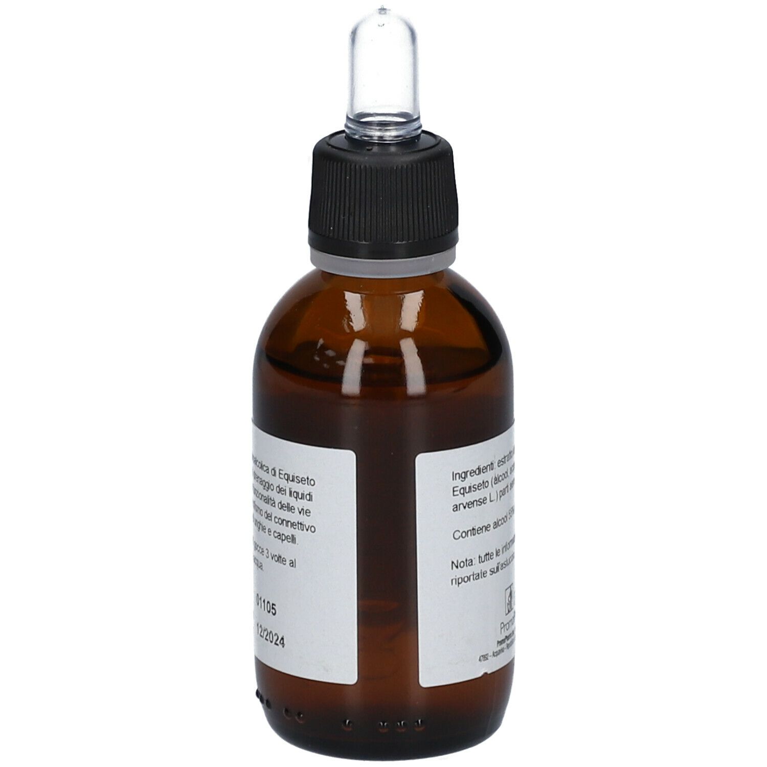PromoPharma® Equiseto. Bottiglia di vetro marrone con contagocce. Scritto: Equiseto, Soluzione Idroalcolica, 50 ml, Promo Pharma. Contiene 55% di alcol.