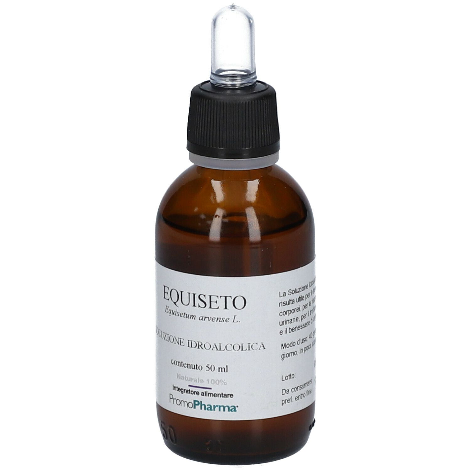 PromoPharma® Equiseto. Bottiglia di vetro marrone con contagocce. Scritto: Equiseto, Soluzione Idroalcolica, 50 ml, Promo Pharma.