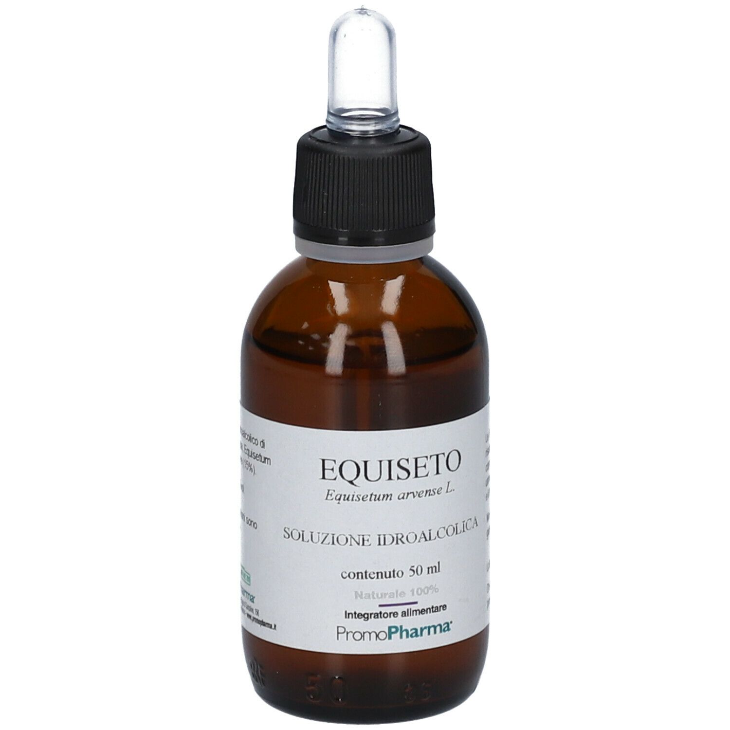 PromoPharma® Equiseto. Bottiglia di vetro marrone con contagocce. Scritto: Equiseto, Soluzione Idroalcolica, 50 ml, Promo Pharma.
