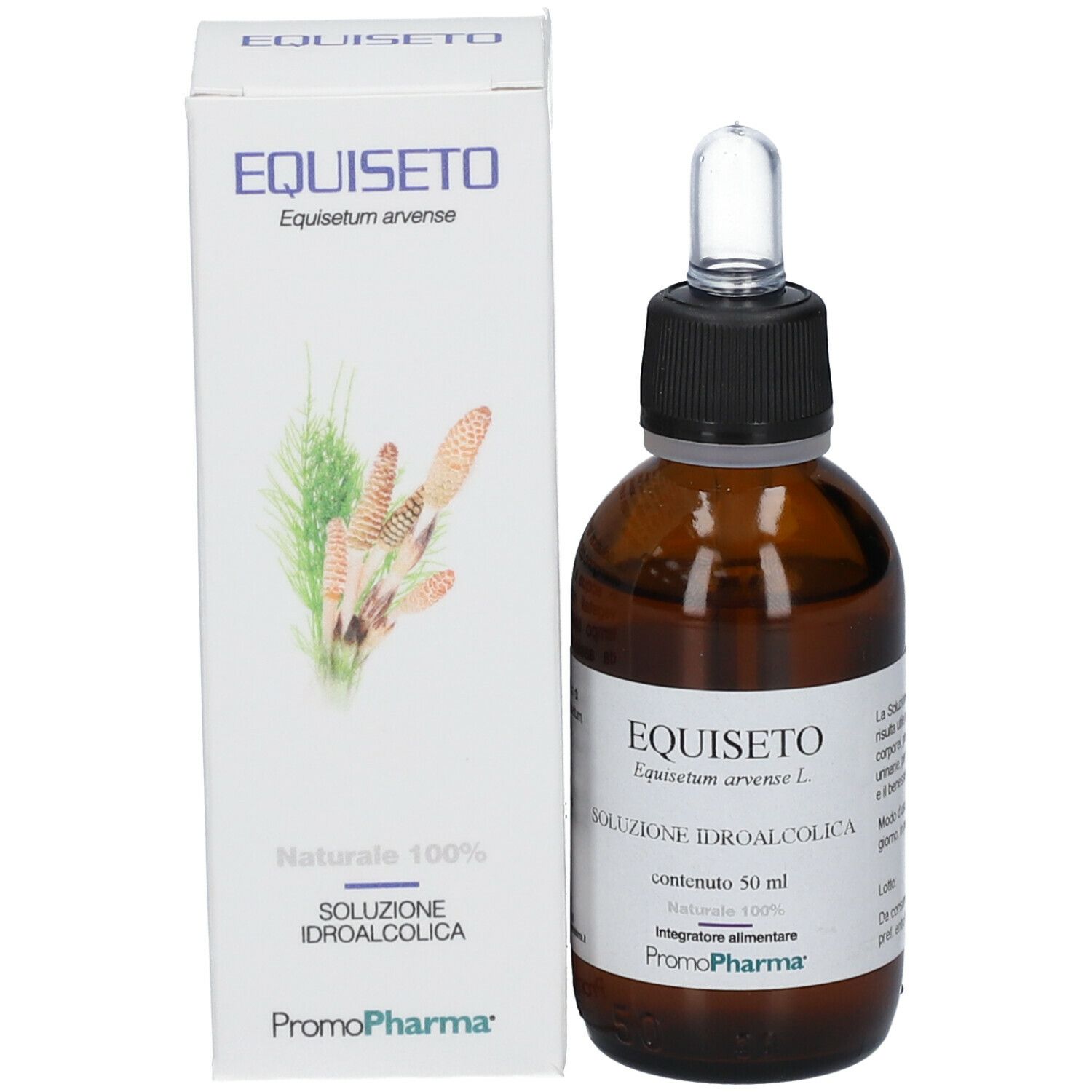 PromoPharma® Equiseto. Bottiglia di vetro marrone con contagocce e scatola. Scritto: Equiseto, Soluzione Idroalcolica, 50 ml, Promo Pharma.
