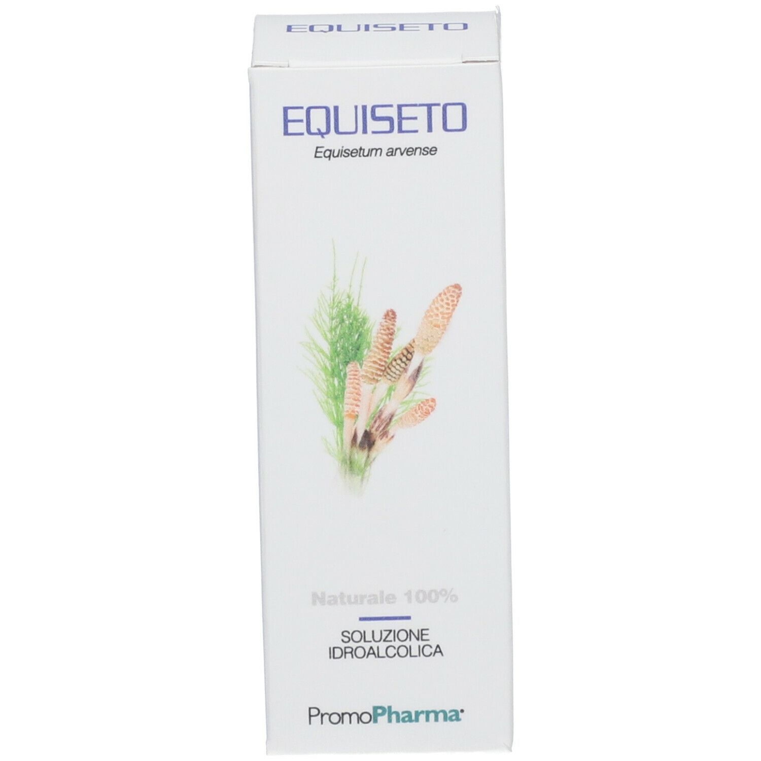 PromoPharma® Equiseto. Scatola bianca con illustrazione e testo. Scritto: Equiseto, Soluzione Idroalcolica, Promo Pharma.