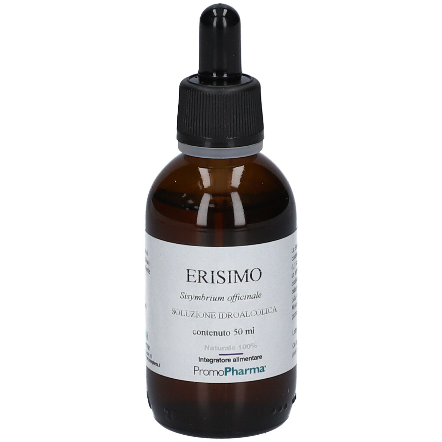 Flacone di vetro marrone con tappo nero e contagocce. Etichetta con nome del prodotto, ingredienti e logo PromoPharma.