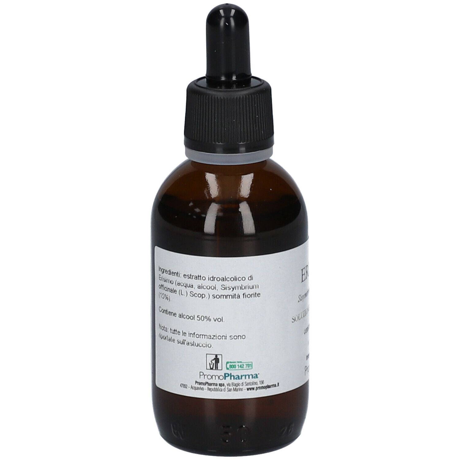 Flacone di vetro marrone con tappo nero e contagocce. Etichetta posteriore con ingredienti, gradazione alcolica e logo PromoPharma.