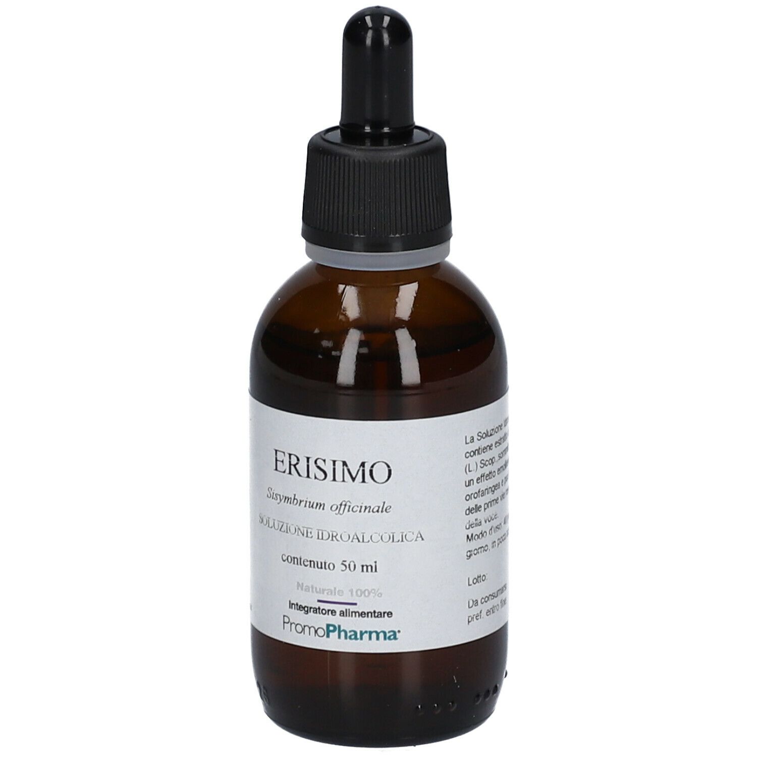 Flacone di vetro marrone con tappo nero e contagocce. Etichetta con nome del prodotto, ingredienti e logo PromoPharma.