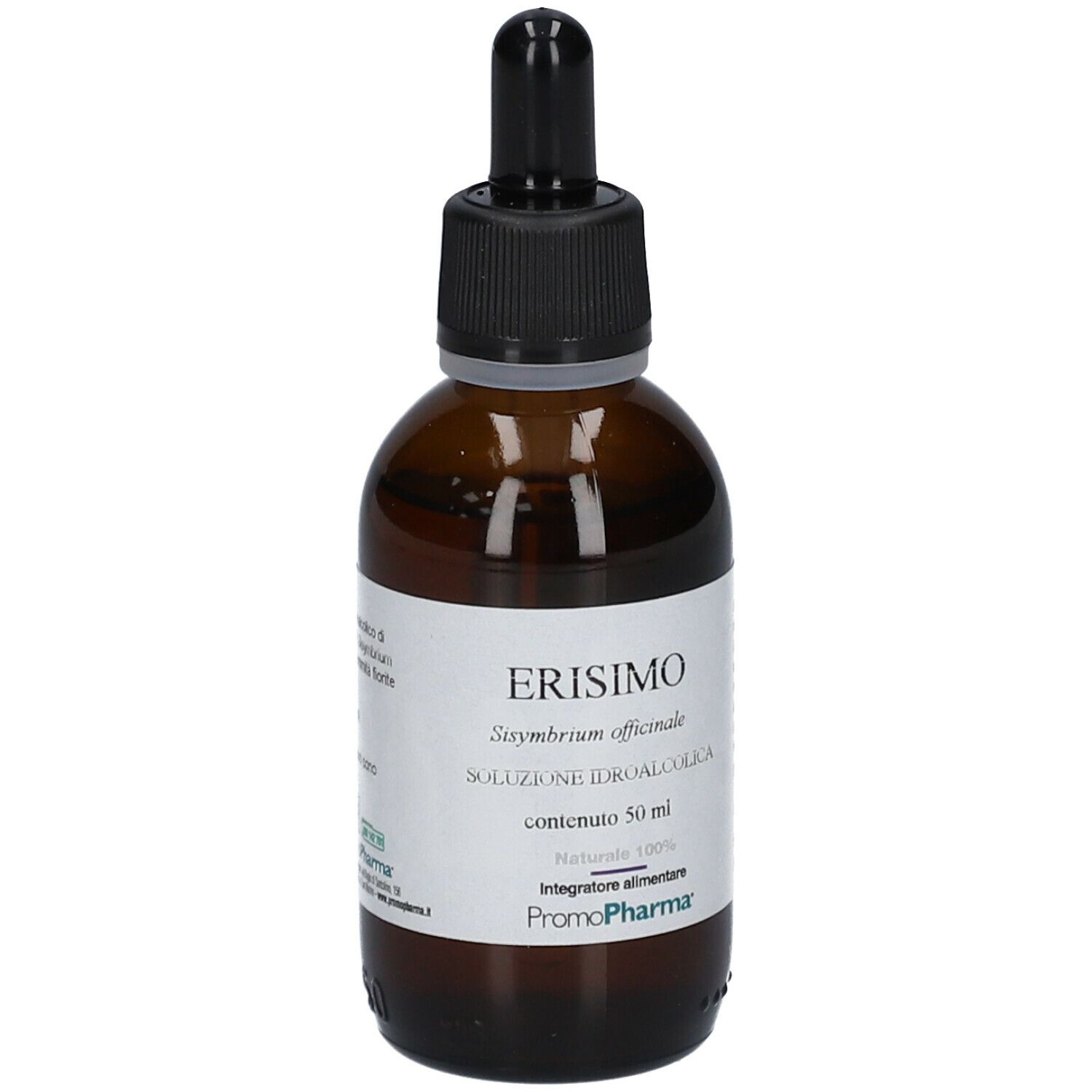 Flacone di vetro marrone con tappo nero e contagocce. Etichetta con nome del prodotto, ingredienti e logo PromoPharma.