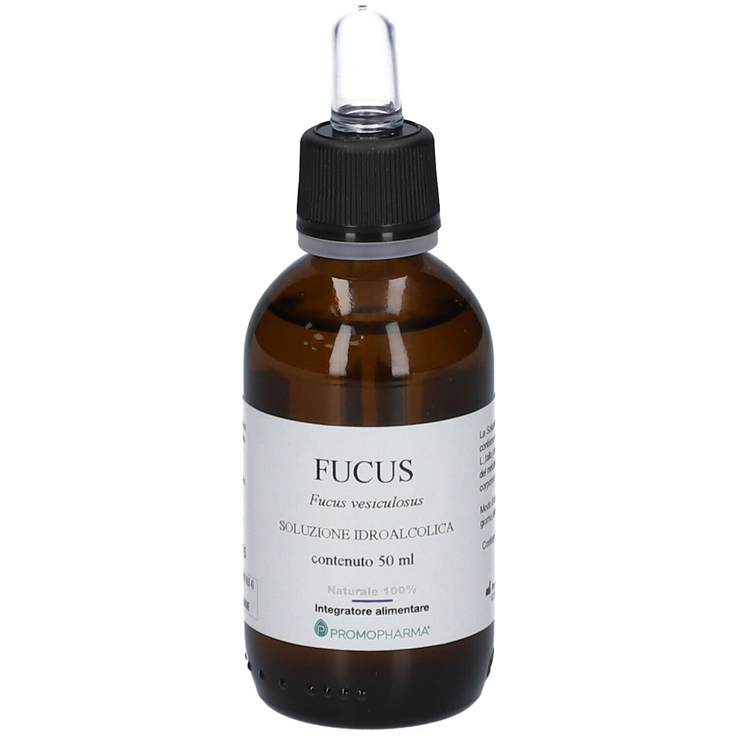 Flacone di vetro marrone con tappo nero e pipetta. Etichetta con nome Fucus, contenuto e produttore.