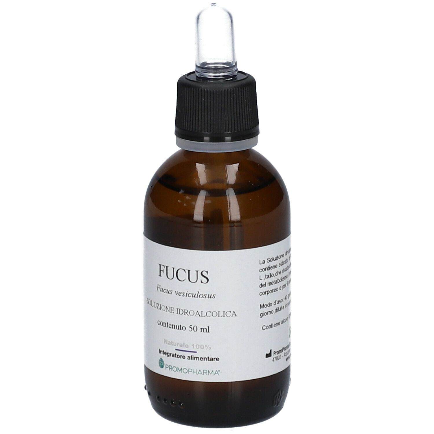 Flacone di vetro marrone con tappo nero e pipetta. Etichetta con nome Fucus, contenuto e produttore.