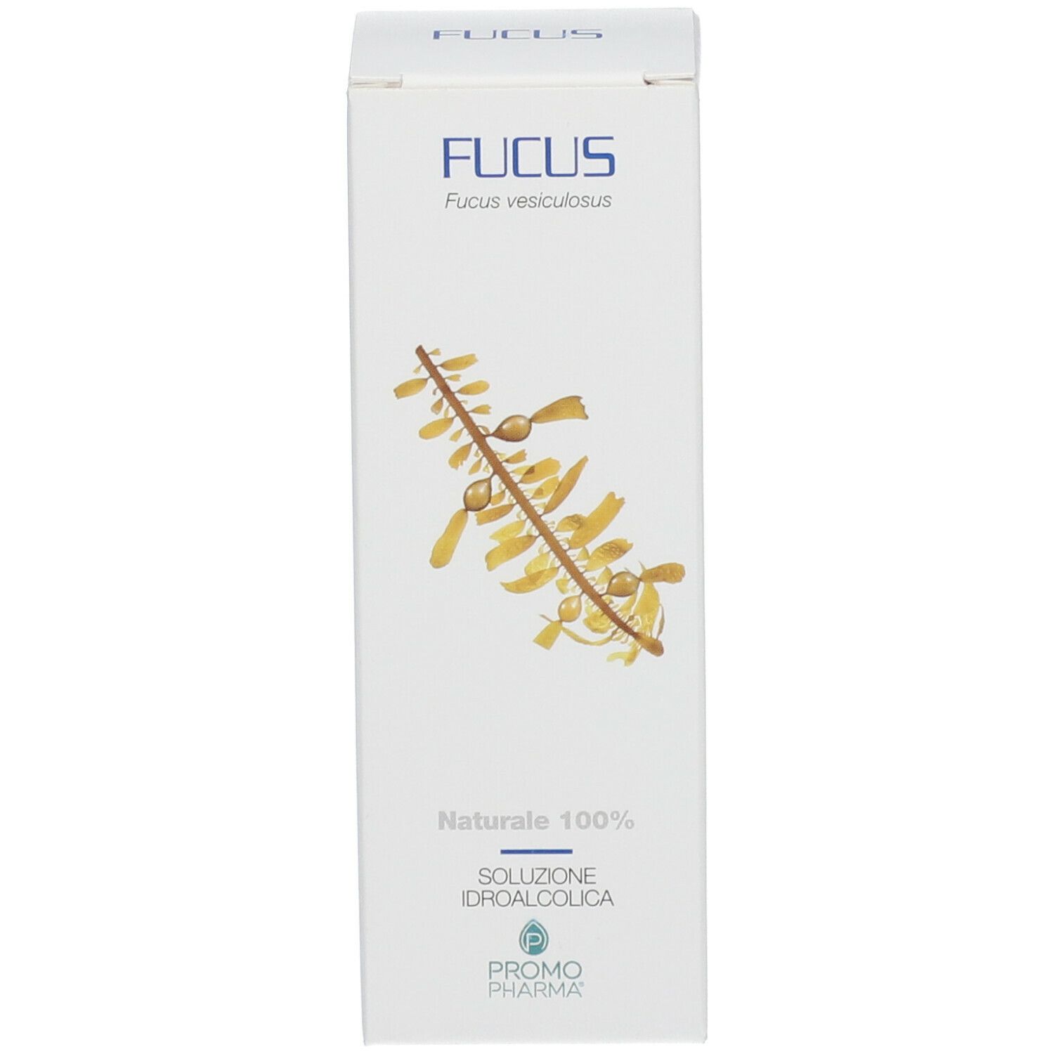 Confezione bianca con nome Fucus e illustrazione di alghe. Logo del produttore in basso.