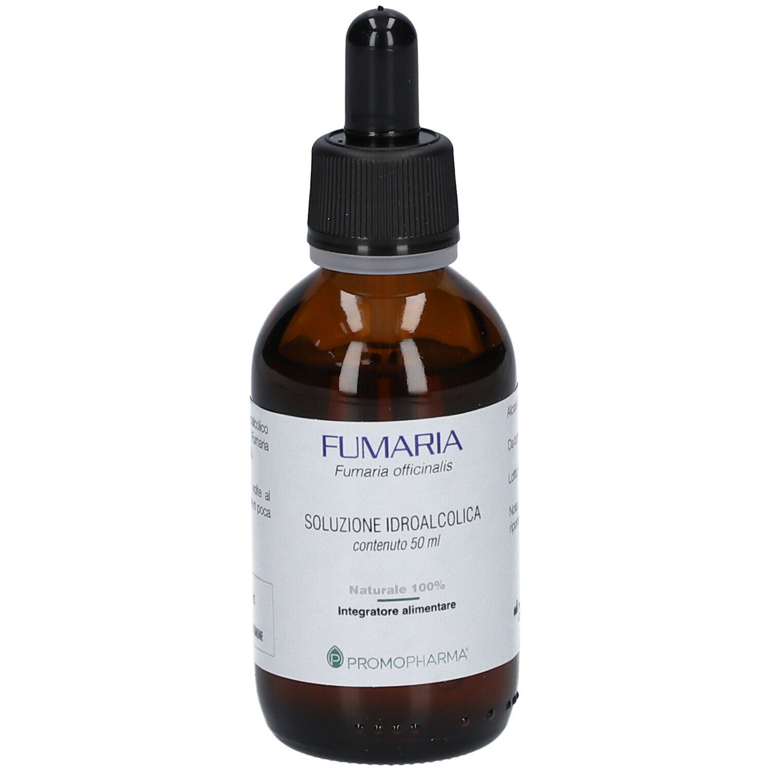 Flacone di vetro marrone con contagocce nero. Etichetta con nome Fumaria, Soluzione Idroalcolica, PromoPharma.