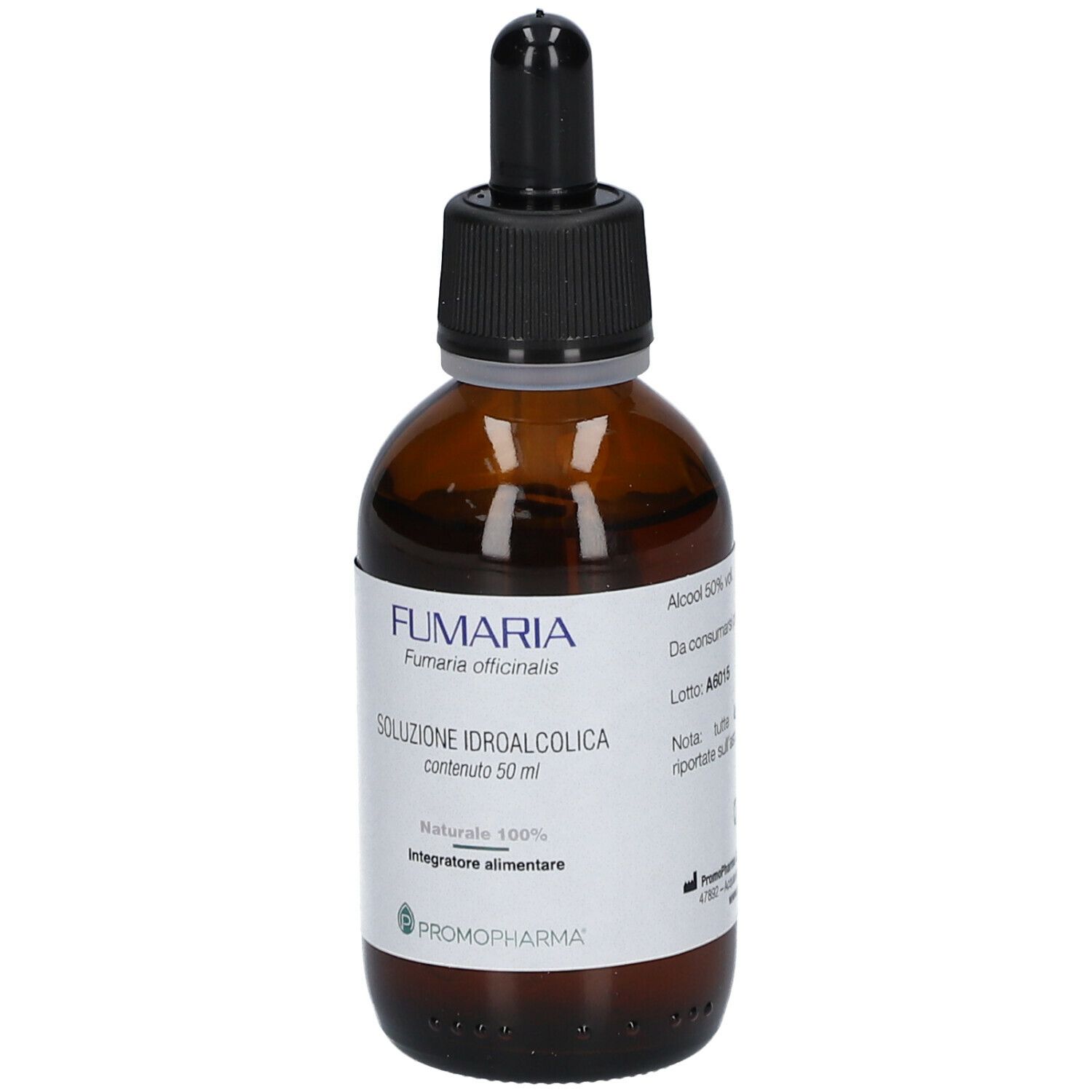 Flacone vetro marrone con contagocce nero. Etichetta con nome Fumaria, Soluzione Idroalcolica, PromoPharma.
