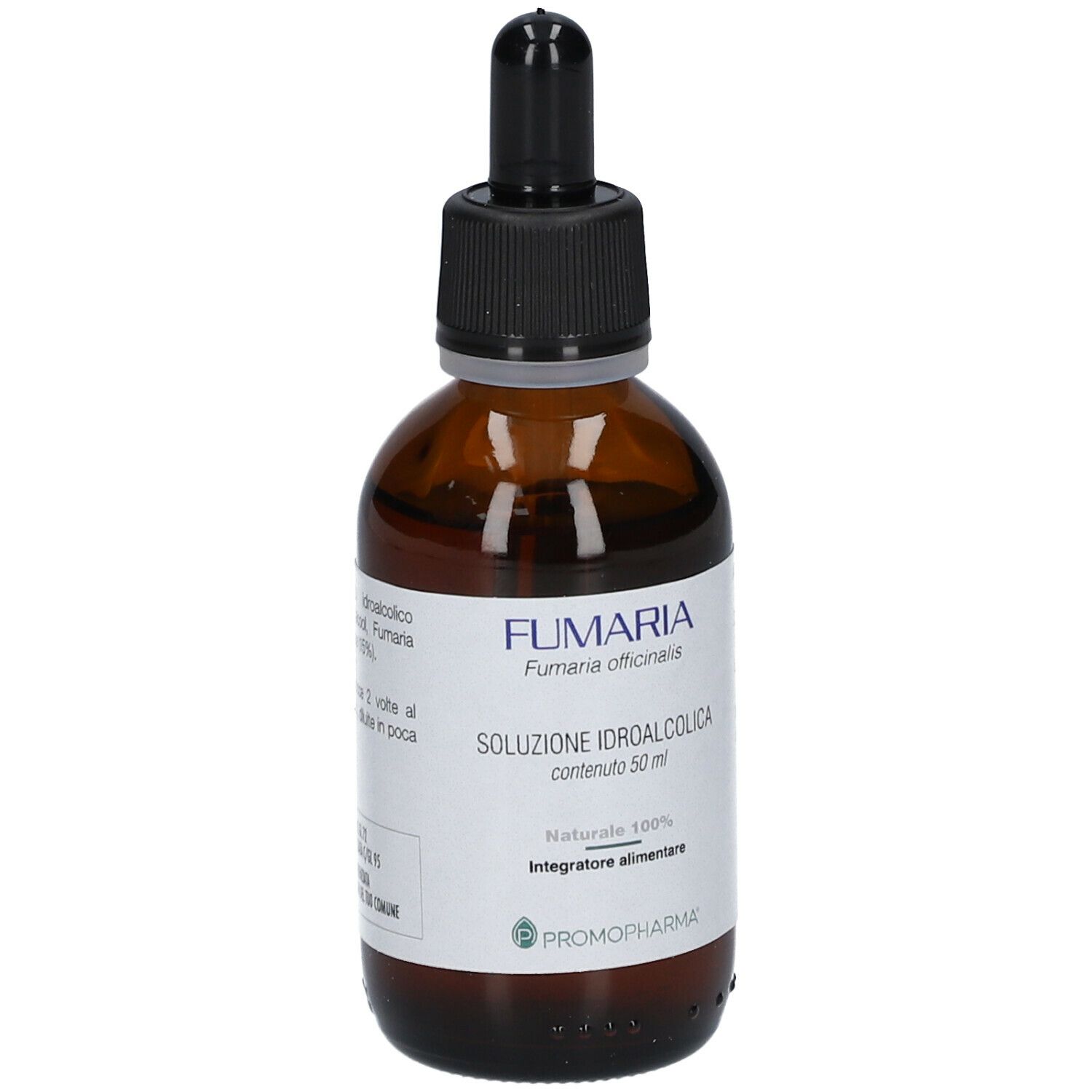 Flacone vetro marrone con contagocce nero. Etichetta con nome Fumaria, Soluzione Idroalcolica, PromoPharma.