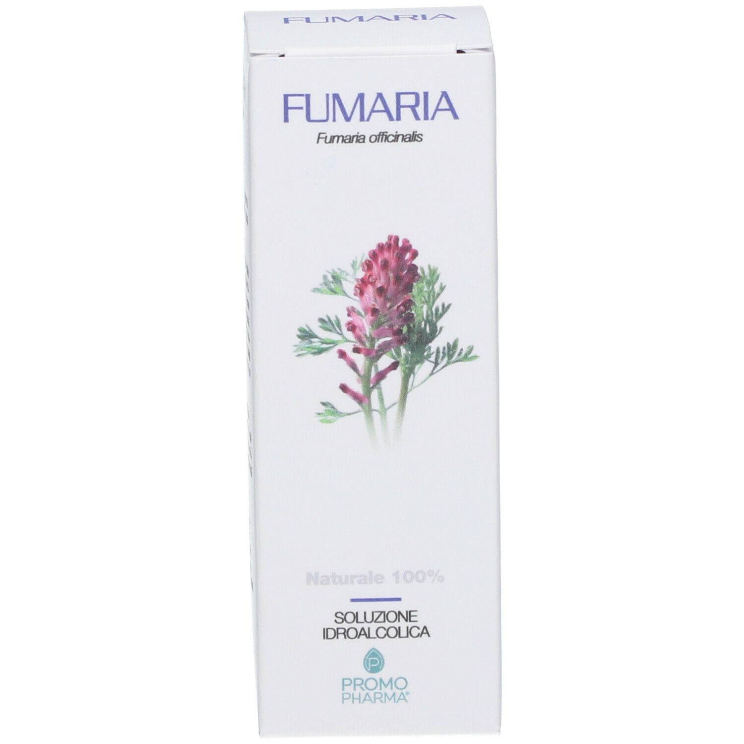 Scatola bianca con nome Fumaria e illustrazione pianta. Testo: Naturale 100%, Soluzione Idroalcolica, PromoPharma.