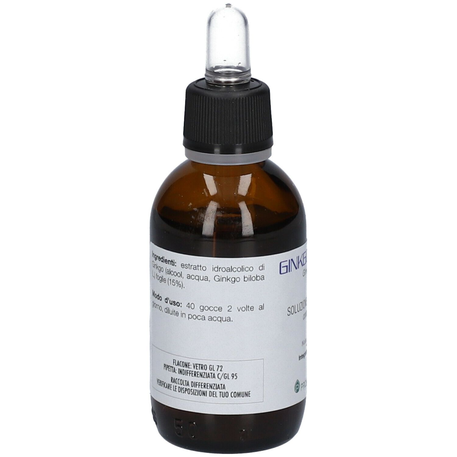Flacone di vetro marrone con pipetta. Etichetta con testo: Ginkgo biloba, Soluzione Idroalcolica, Integratore alimentare, PromoPharma.