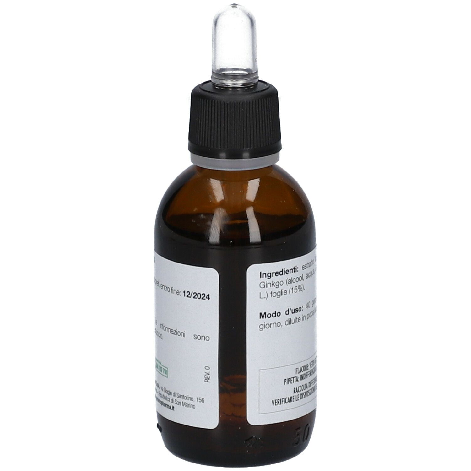 Flacone di vetro marrone con pipetta. Etichetta con testo: Ginkgo biloba, Soluzione Idroalcolica, Integratore alimentare, PromoPharma.