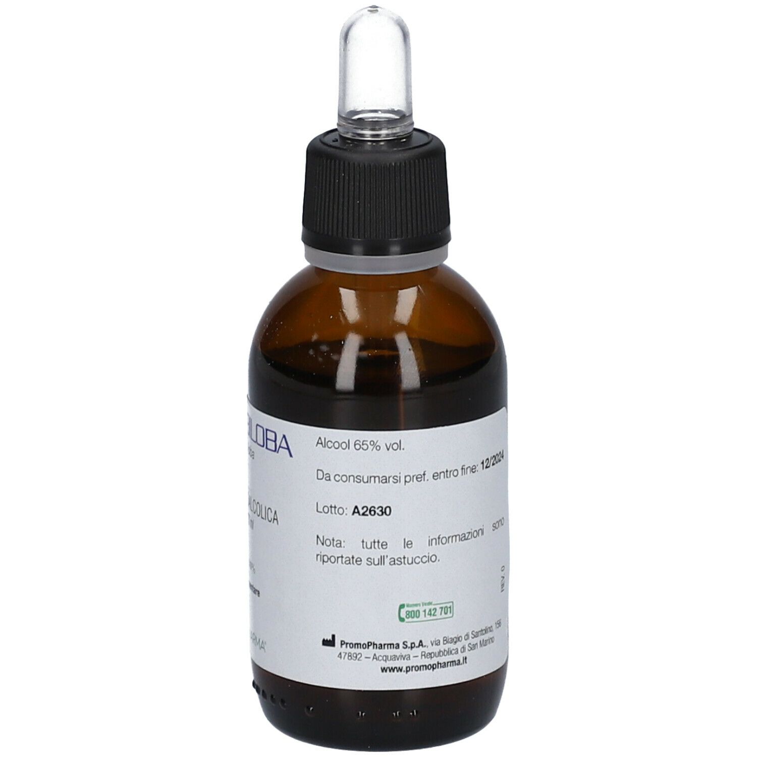 Flacone di vetro marrone con pipetta. Etichetta con testo: Ginkgo biloba, Soluzione Idroalcolica, Integratore alimentare, PromoPharma.