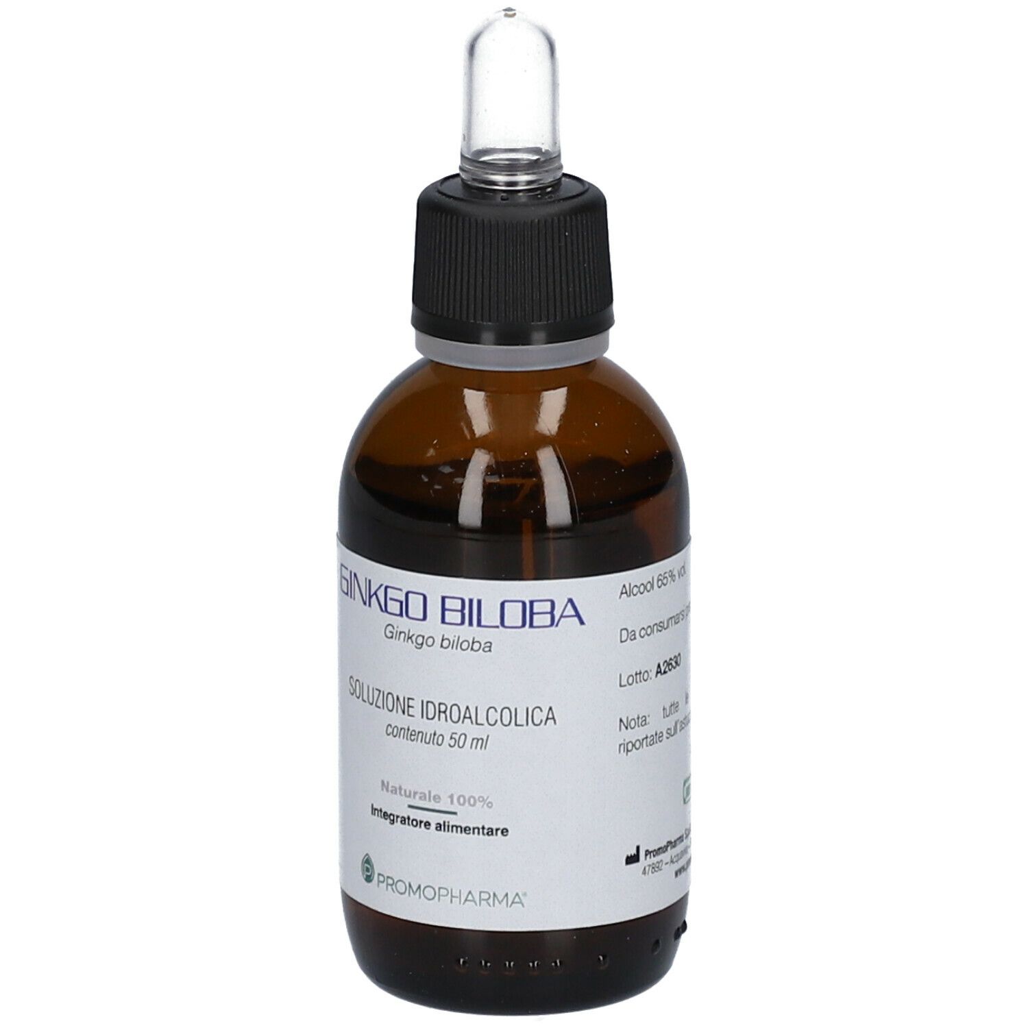 Flacone di vetro marrone con pipetta. Etichetta con testo: Ginkgo biloba, Soluzione Idroalcolica, Integratore alimentare, PromoPharma.