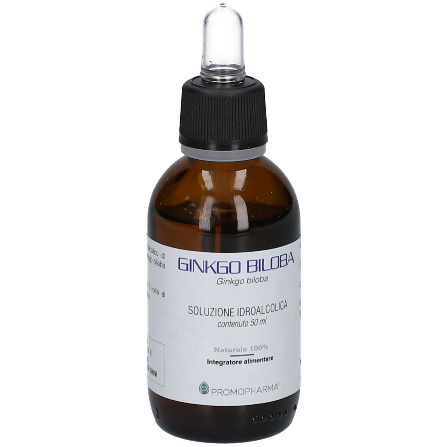Flacone di vetro marrone con pipetta. Etichetta con testo: Ginkgo biloba, Soluzione Idroalcolica, Integratore alimentare, PromoPharma.
