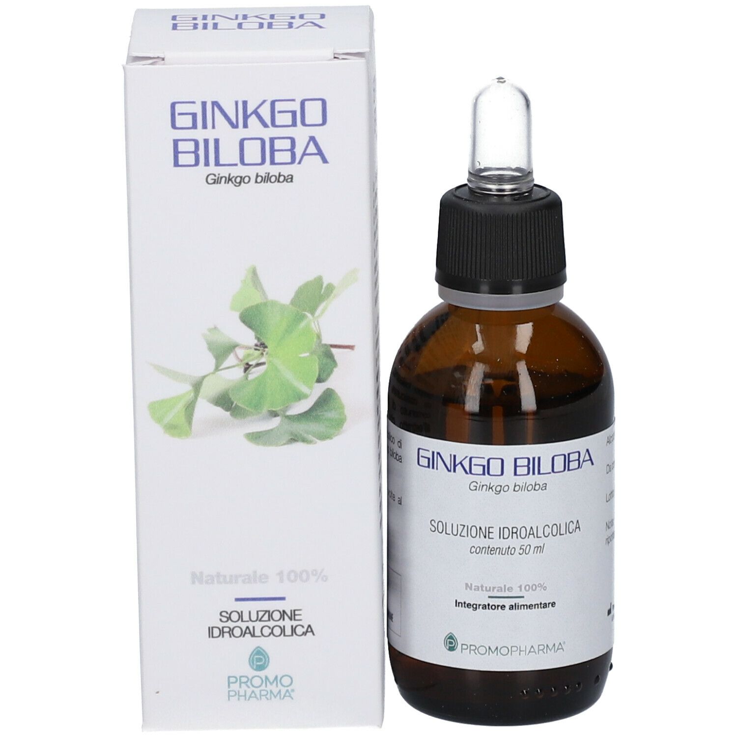 Flacone di vetro marrone con pipetta e confezione. Testo: Ginkgo biloba, Soluzione Idroalcolica, Integratore alimentare, PromoPharma.
