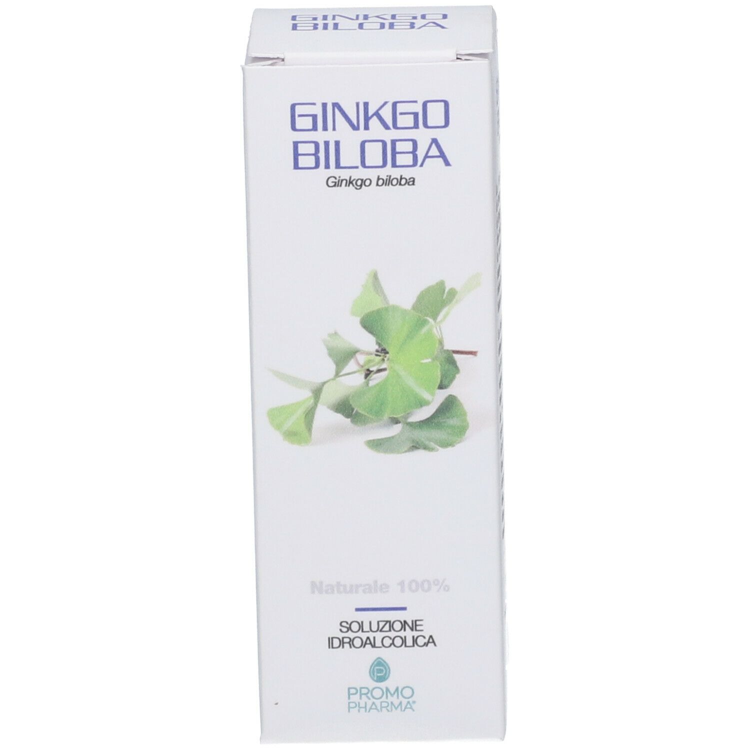 Scatola bianca con illustrazione di foglie di Ginkgo biloba. Testo: Ginkgo biloba, Soluzione Idroalcolica, PromoPharma.