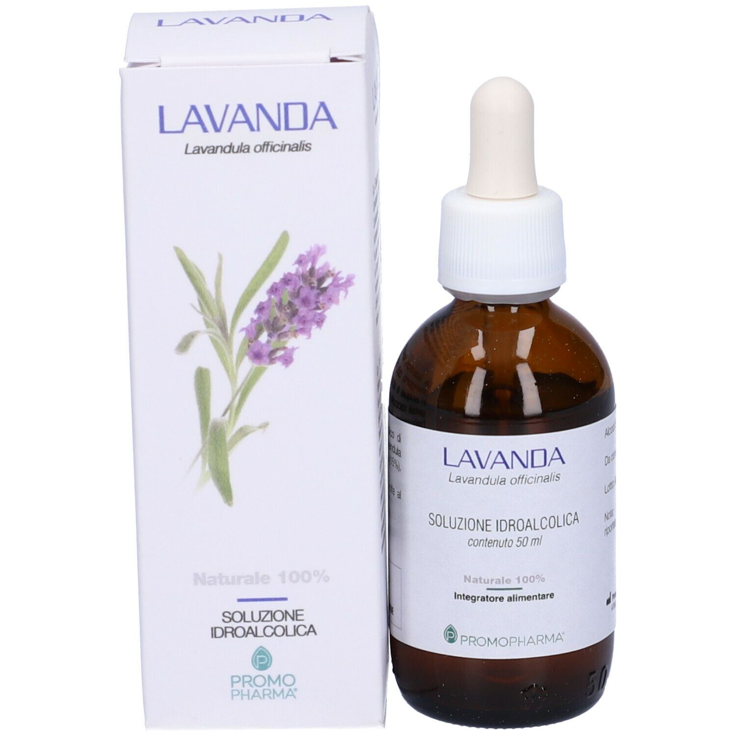 Flacone in vetro marrone con contagocce e confezione. Confezione con nome LAVANDA e illustrazione di lavanda.