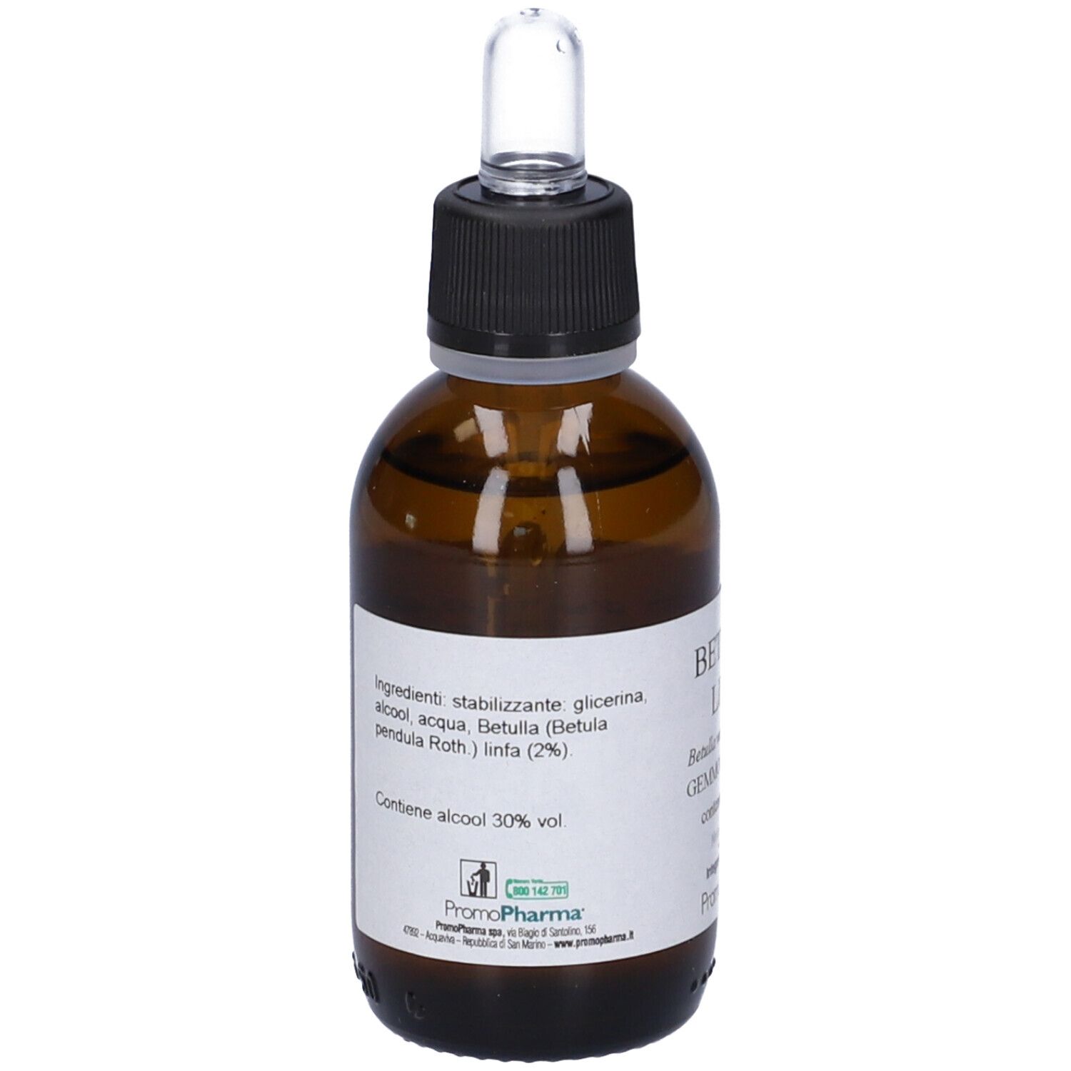 Flacone di vetro marrone con tappo nero e contagocce. Etichetta con ingredienti e gradazione alcolica. Logo PromoPharma.