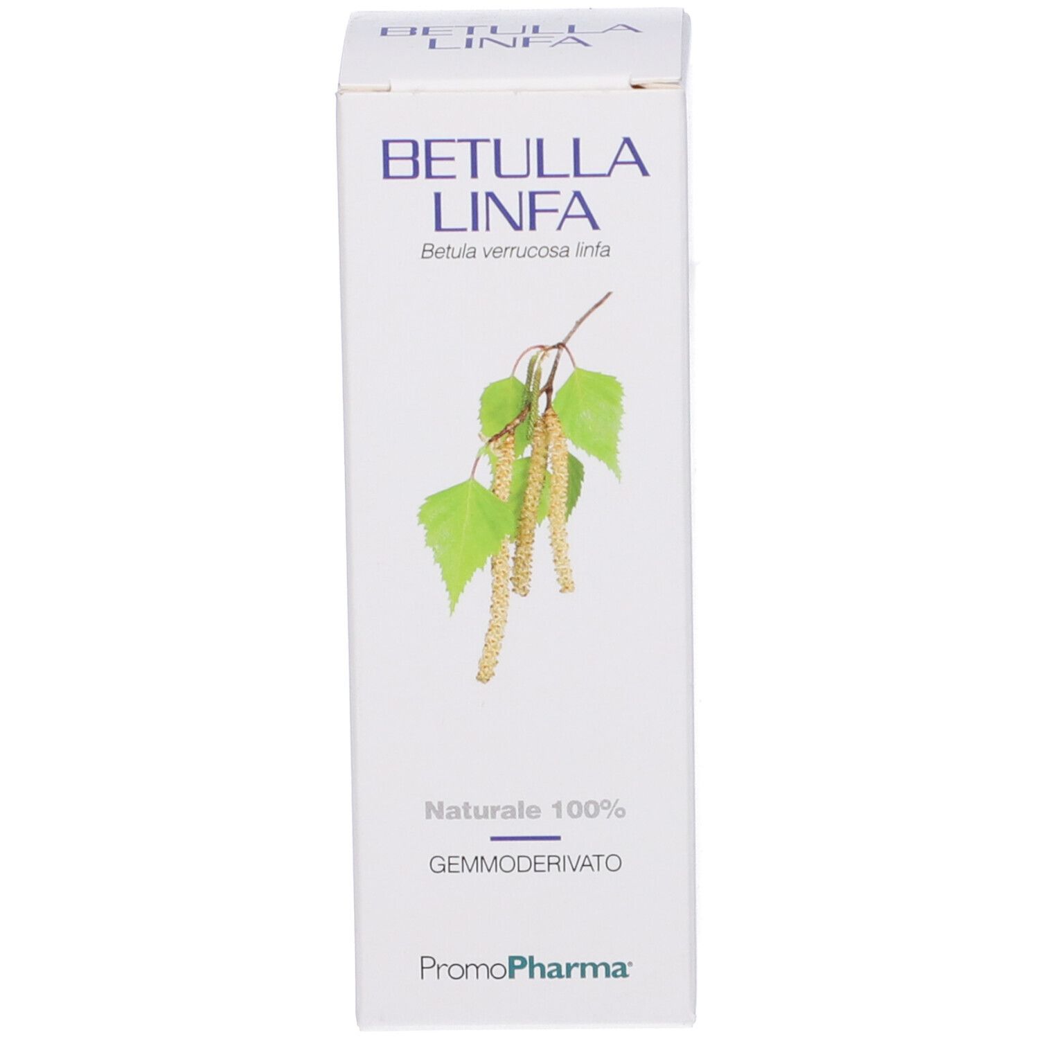 Scatola bianca con nome del prodotto e illustrazione di rami di betulla. Logo PromoPharma.