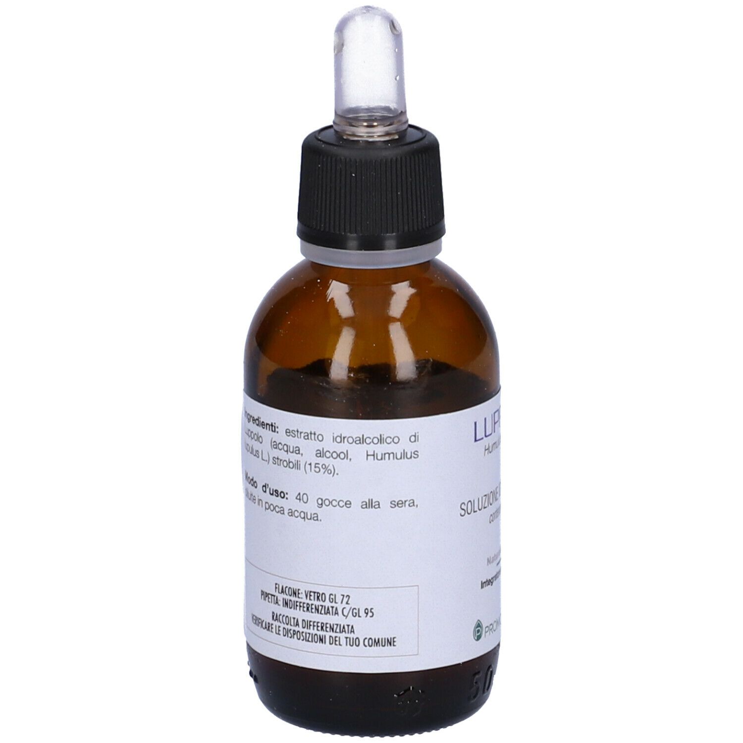Flacone di vetro marrone con tappo nero e contagocce. Etichetta con ingredienti e istruzioni per l'uso. Liquido visibile.
