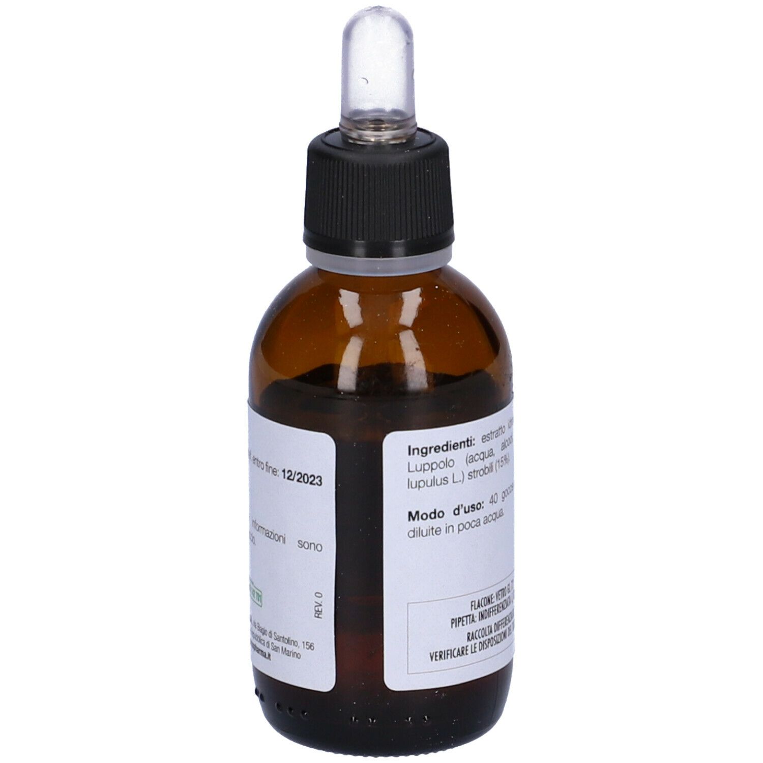 Flacone di vetro marrone con tappo nero e contagocce. Etichetta con ingredienti e data di scadenza. Liquido visibile.