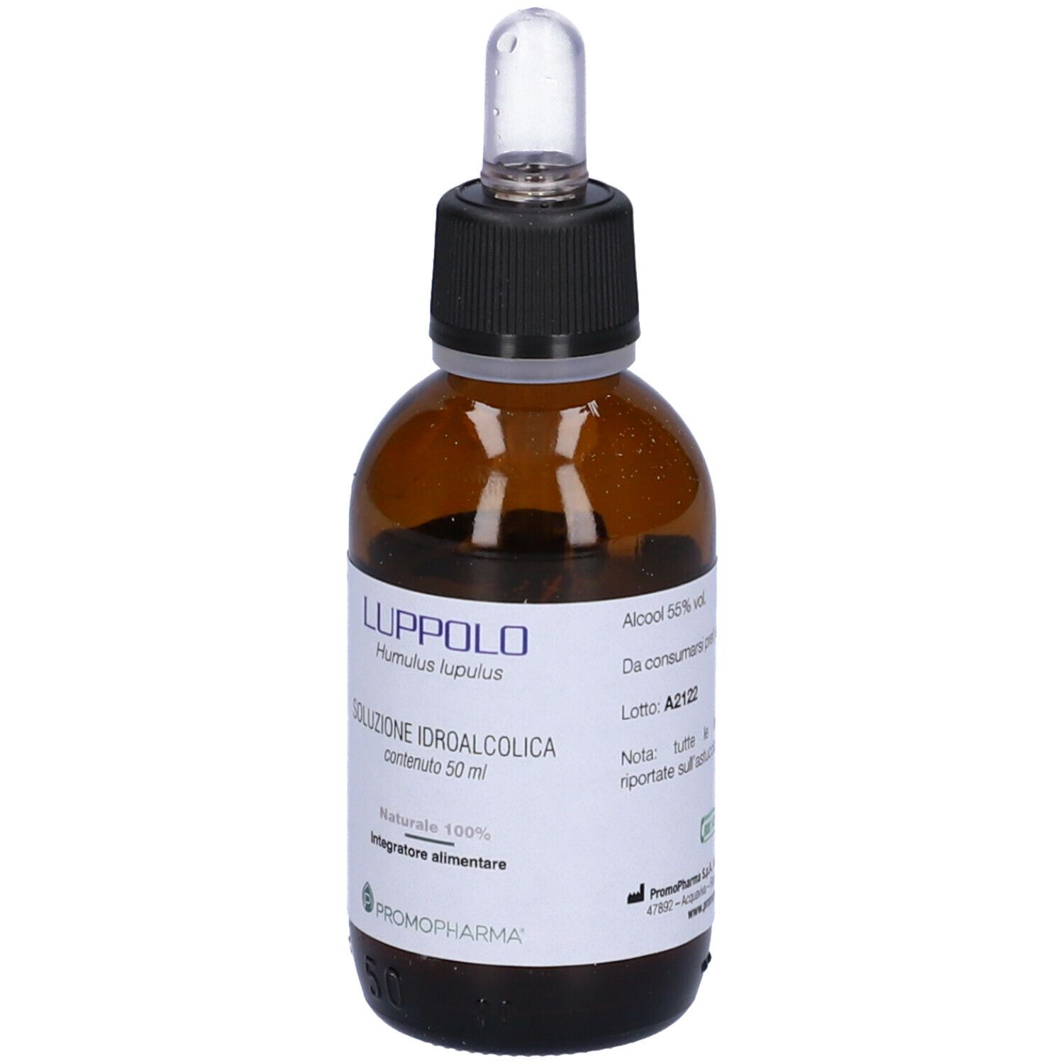 Flacone di vetro marrone con tappo nero e contagocce. Etichetta con nome del prodotto e ingredienti. Liquido visibile.