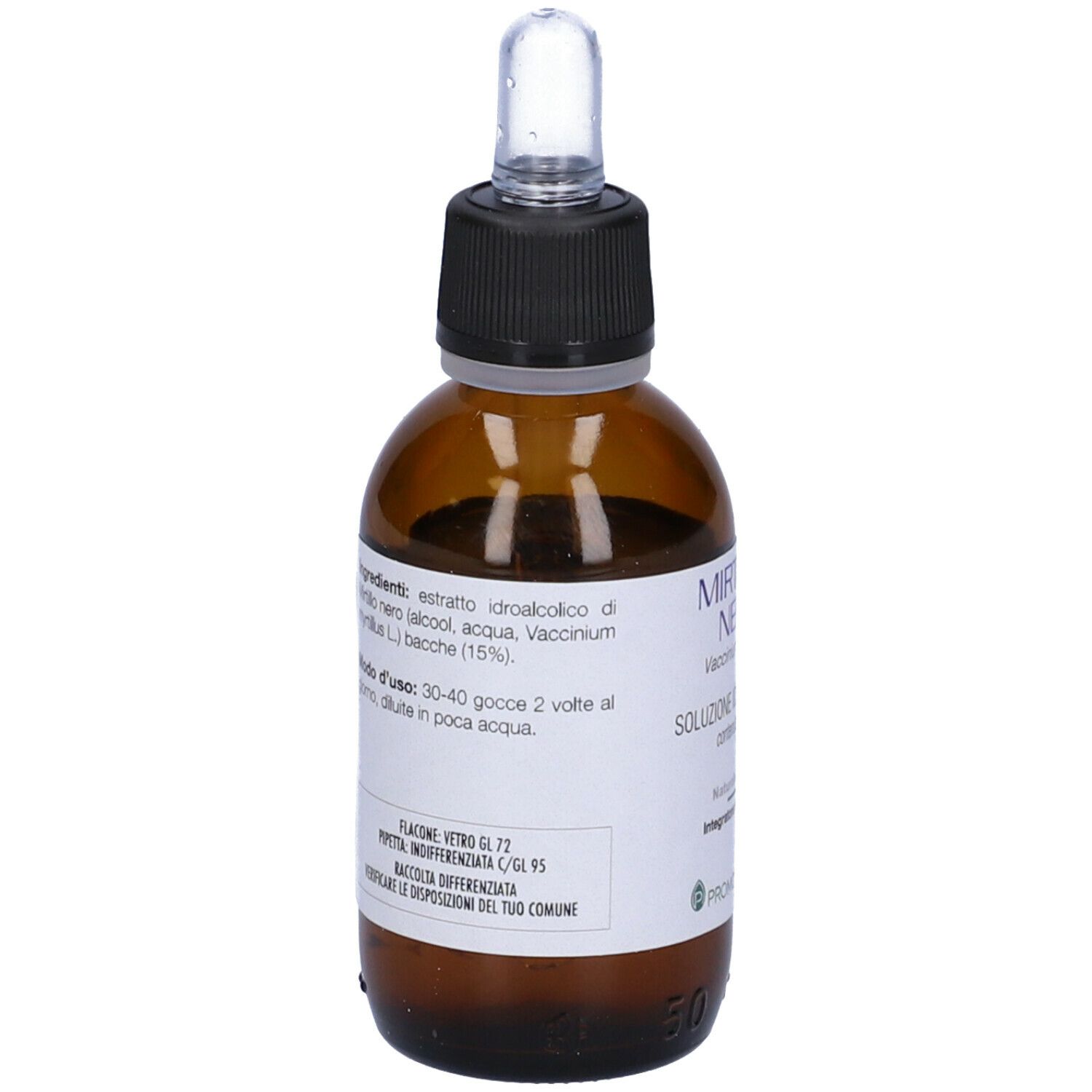 Flacone in vetro marrone con tappo nero e contagocce. Etichetta con ingredienti e istruzioni per l'uso.