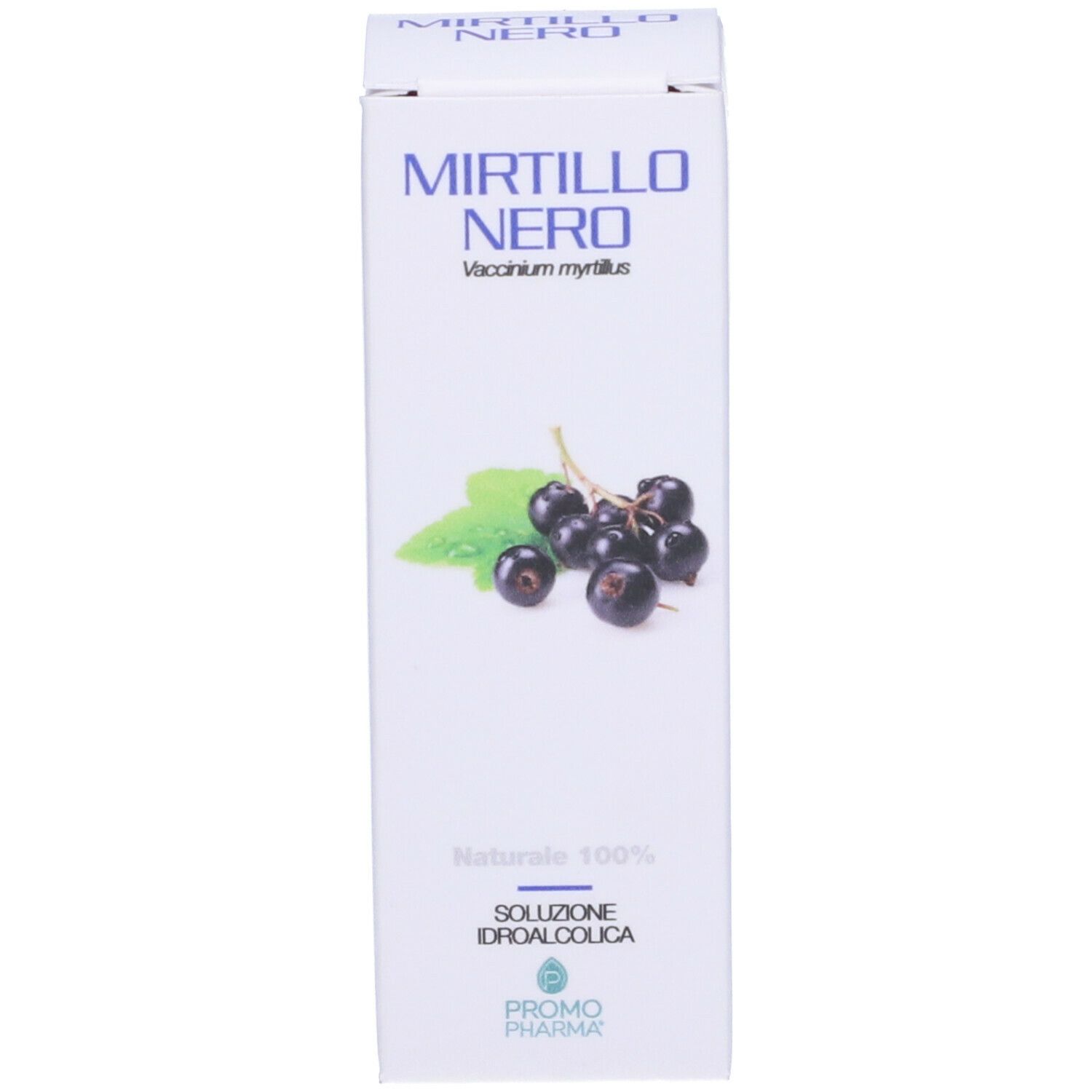 Scatola bianca con nome del prodotto e illustrazione di mirtilli. Marchio PromoPharma.