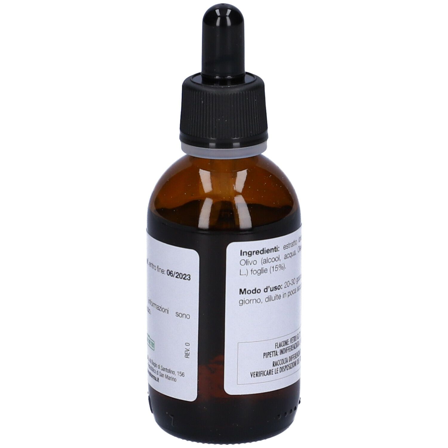 Flacone di vetro marrone con tappo nero e contagocce. Etichetta con ingredienti e data di scadenza.