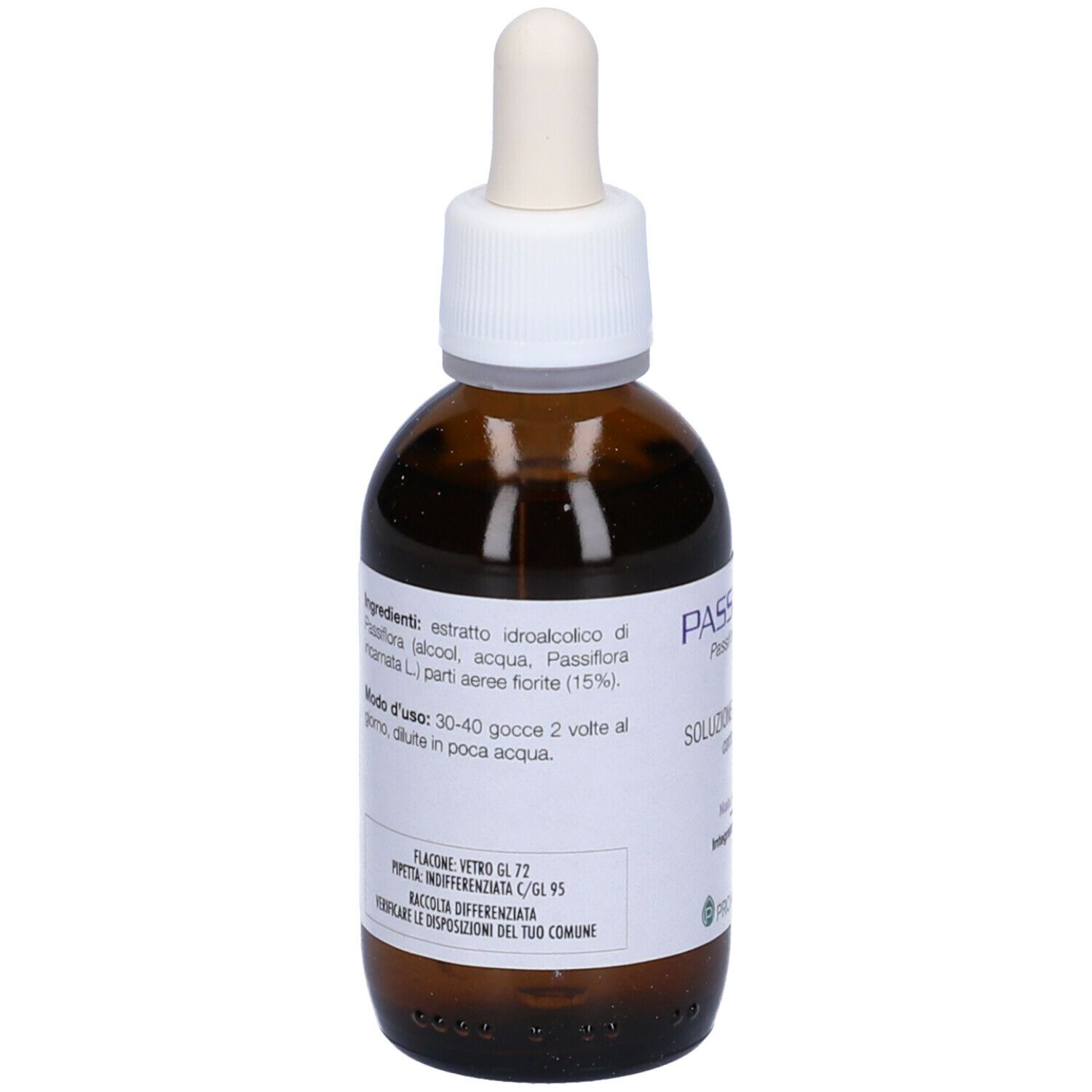 Flacone di vetro marrone con tappo bianco e contagocce. Etichetta con ingredienti e istruzioni per l'uso. Marchio PromoPharma.