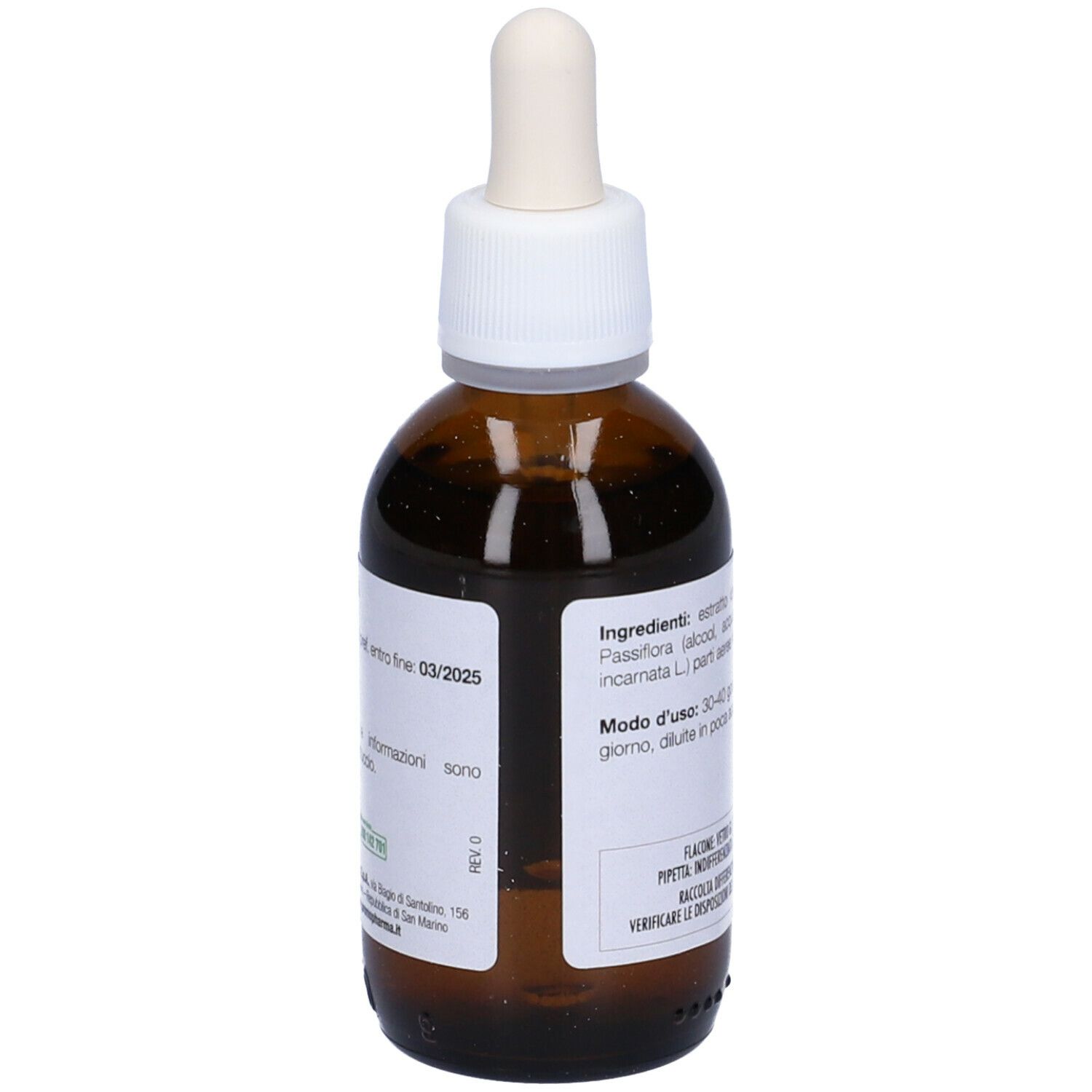 Flacone di vetro marrone con tappo bianco e contagocce. Etichetta con ingredienti e data di scadenza. Marchio PromoPharma.