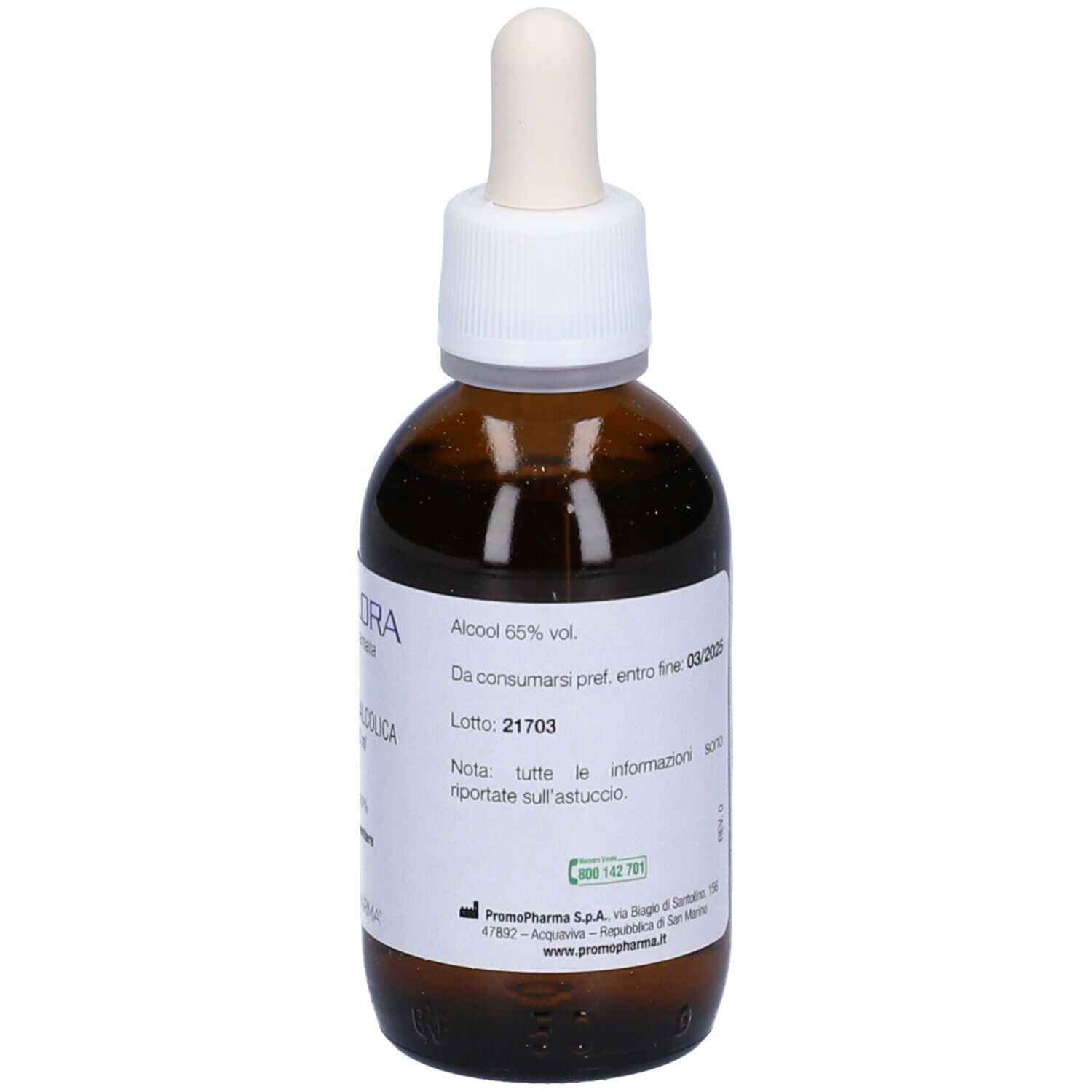 Flacone di vetro marrone con tappo bianco e contagocce. Etichetta con gradazione alcolica e numero di lotto. Marchio PromoPharma.