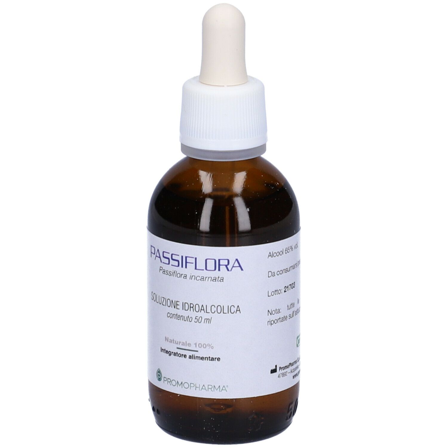 Flacone di vetro marrone con tappo bianco e contagocce. Etichetta con nome del prodotto e informazioni. Marchio PromoPharma.