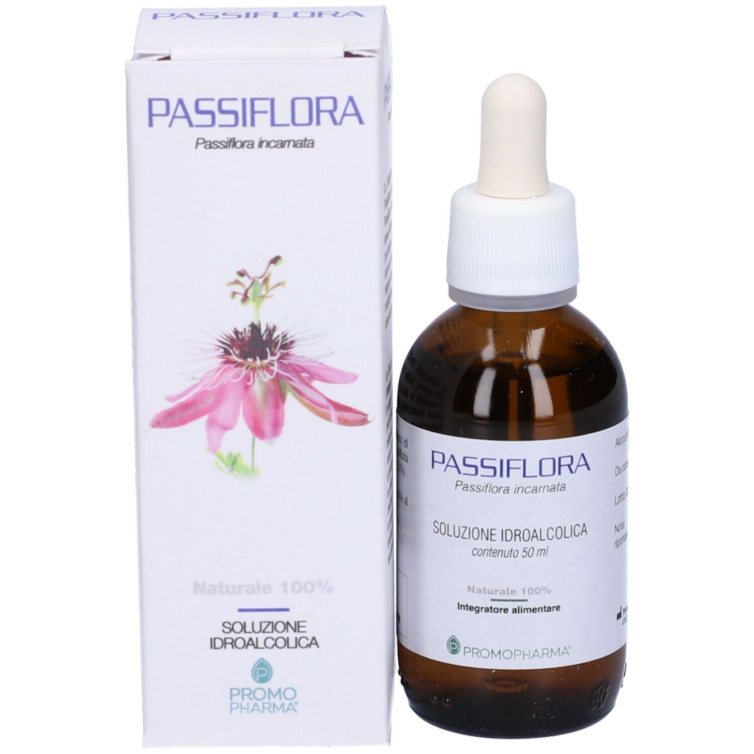 Flacone del prodotto accanto alla confezione. Confezione con nome del prodotto e design floreale. Marchio PromoPharma.