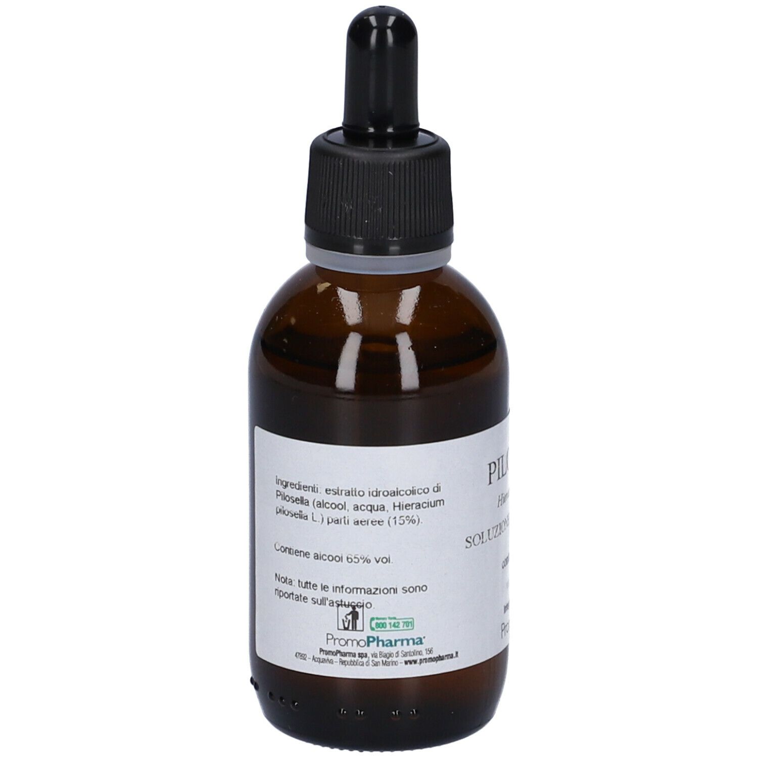 Flacone di vetro marrone con tappo nero e contagocce. Etichetta con ingredienti e marchio PromoPharma.