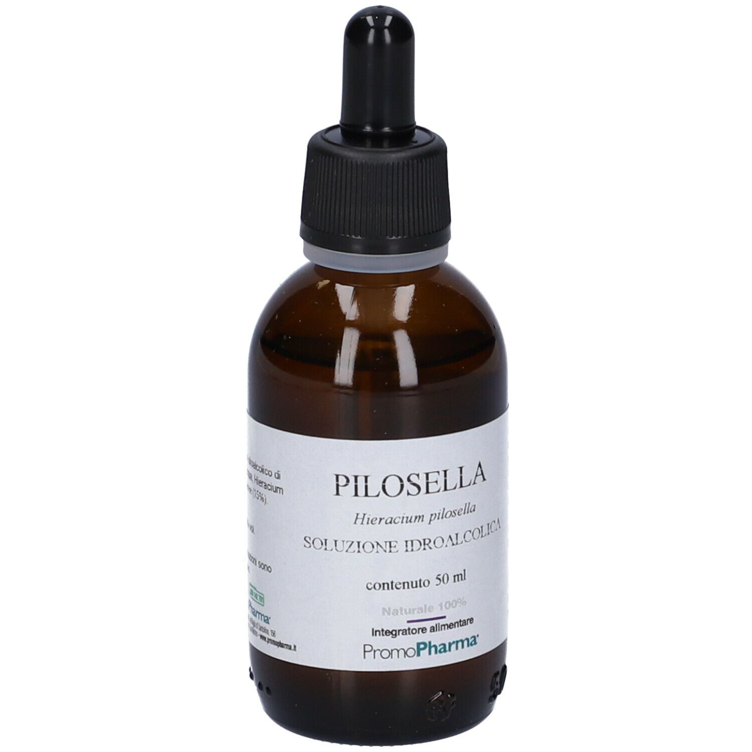 Flacone di vetro marrone con tappo nero e contagocce. Etichetta con nome prodotto, contenuto e marchio PromoPharma.