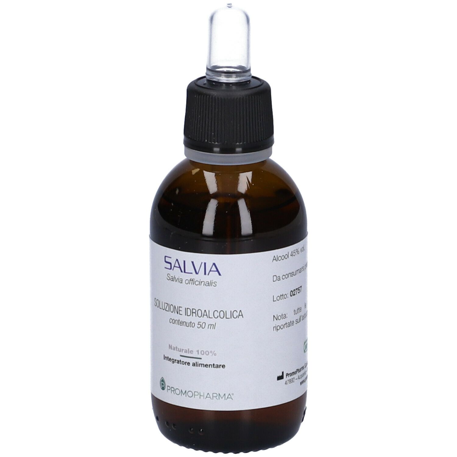 Flacone di vetro marrone con tappo nero e pipetta. Etichetta con scritta SALVIA e informazioni sul prodotto.
