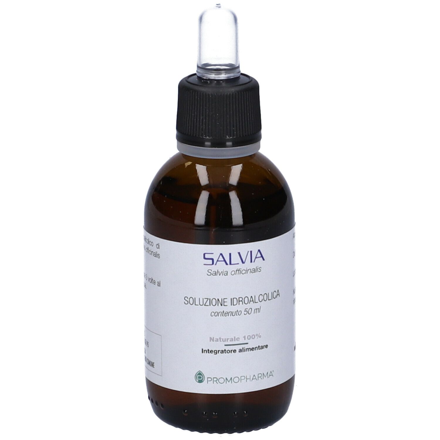 Flacone di vetro marrone con tappo nero e pipetta. Etichetta con scritta SALVIA e informazioni sul prodotto.