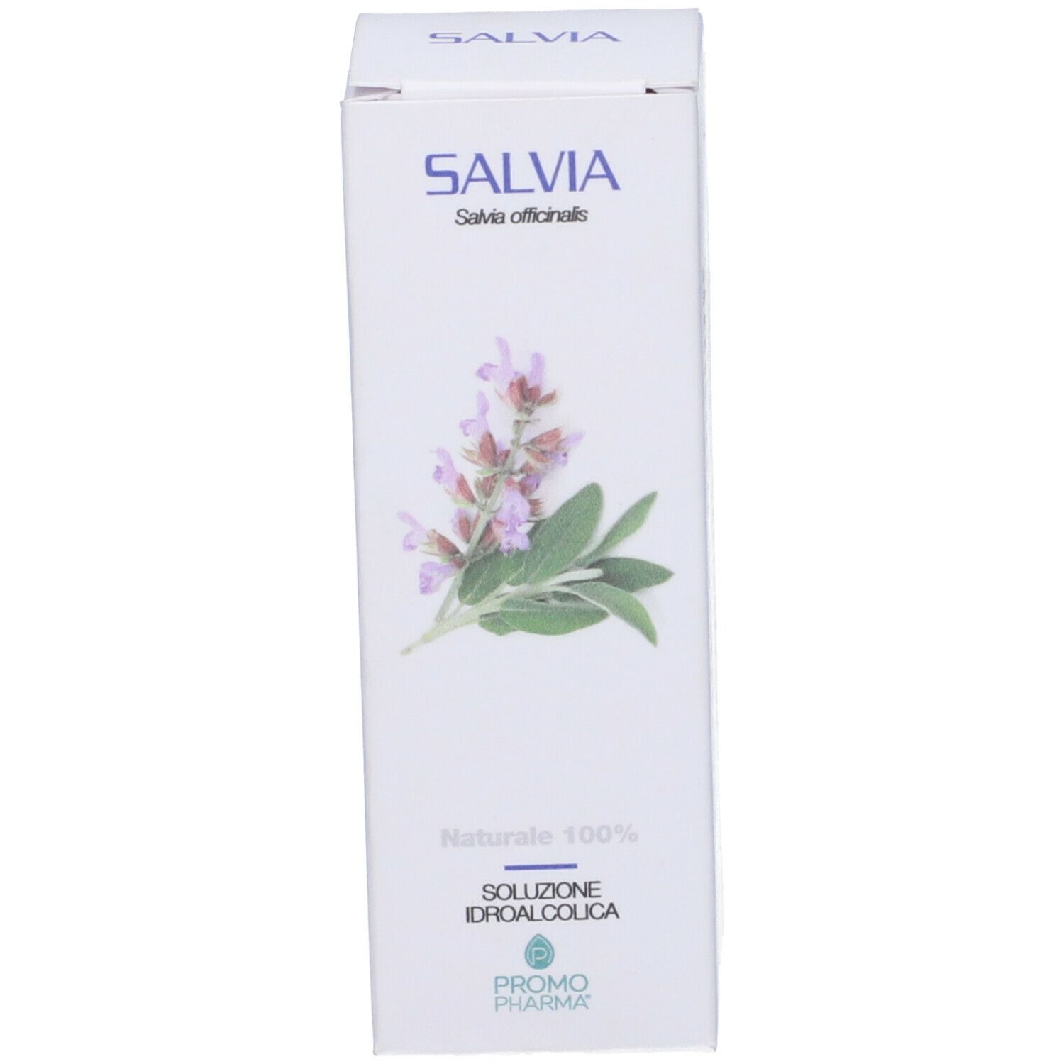 Scatola bianca con logo SALVIA, nome del prodotto e informazioni. Illustrazione di foglie e fiori di salvia.