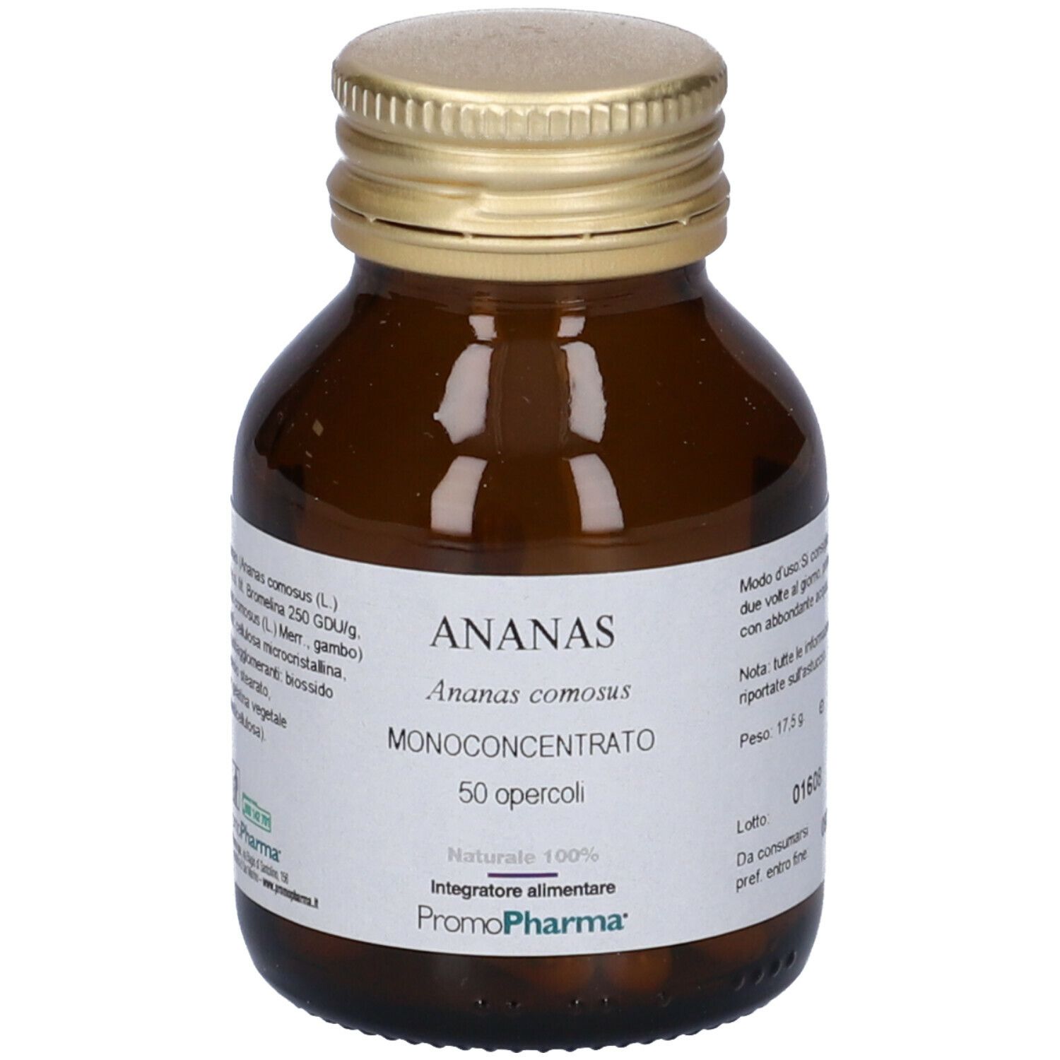 Flacone di vetro marrone con tappo dorato. Etichetta con informazioni sul prodotto. Scritta: ANANAS, 50 opercoli, PromoPharma.