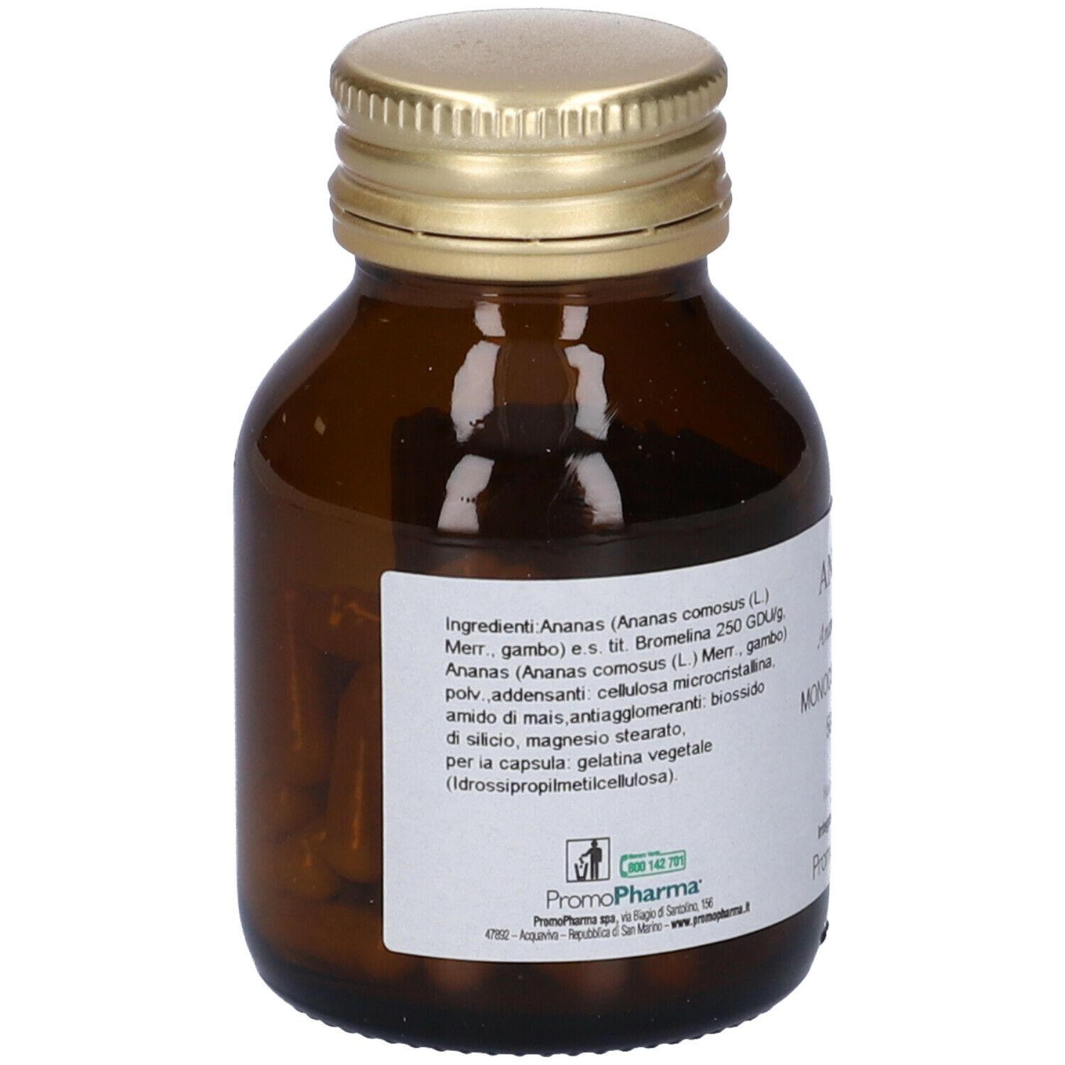 Flacone di vetro marrone con tappo dorato. Etichetta con ingredienti e informazioni. Scritta: ANANAS, PromoPharma.