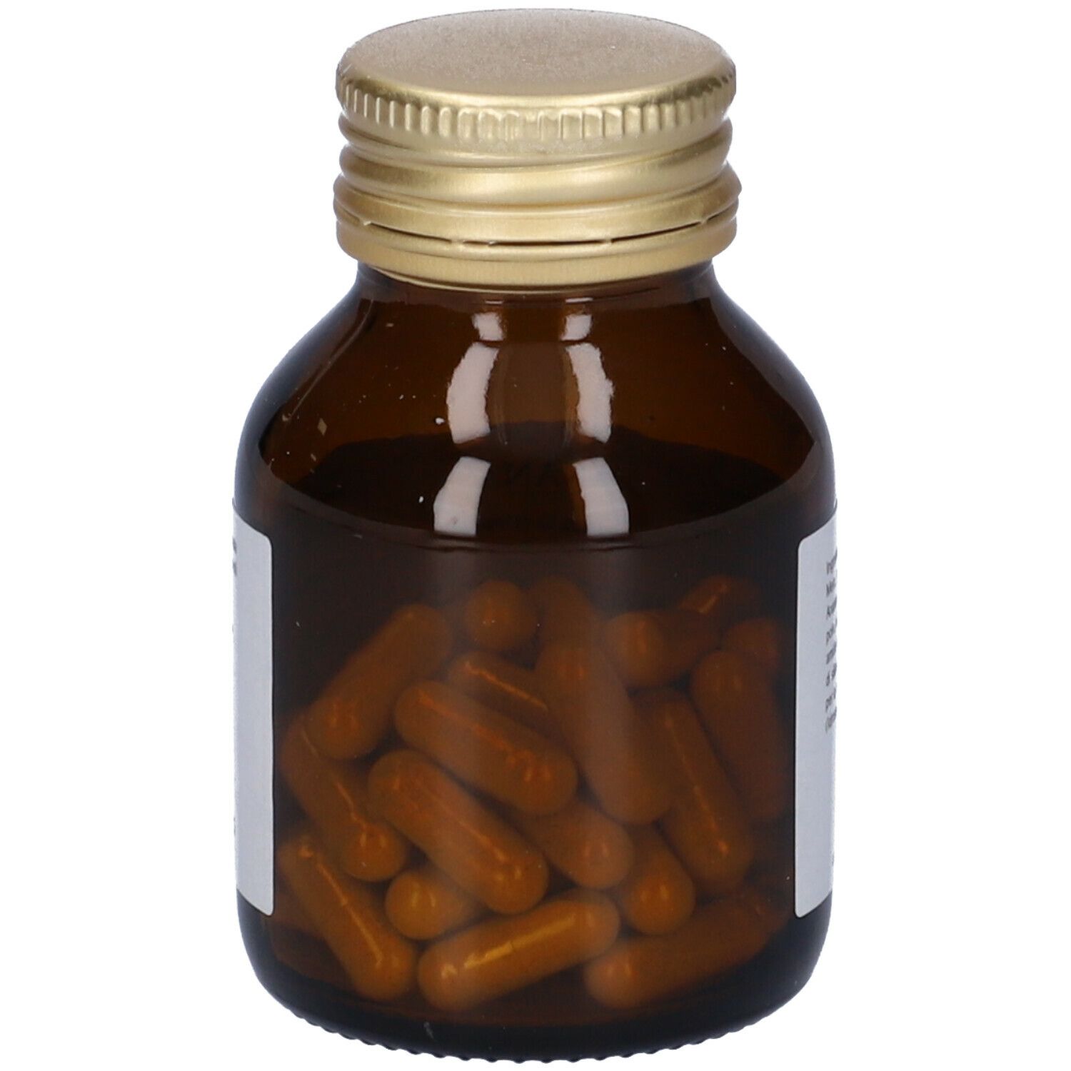 Flacone di vetro marrone con tappo dorato, riempito di capsule marroni. Nessuna altra informazione visibile.