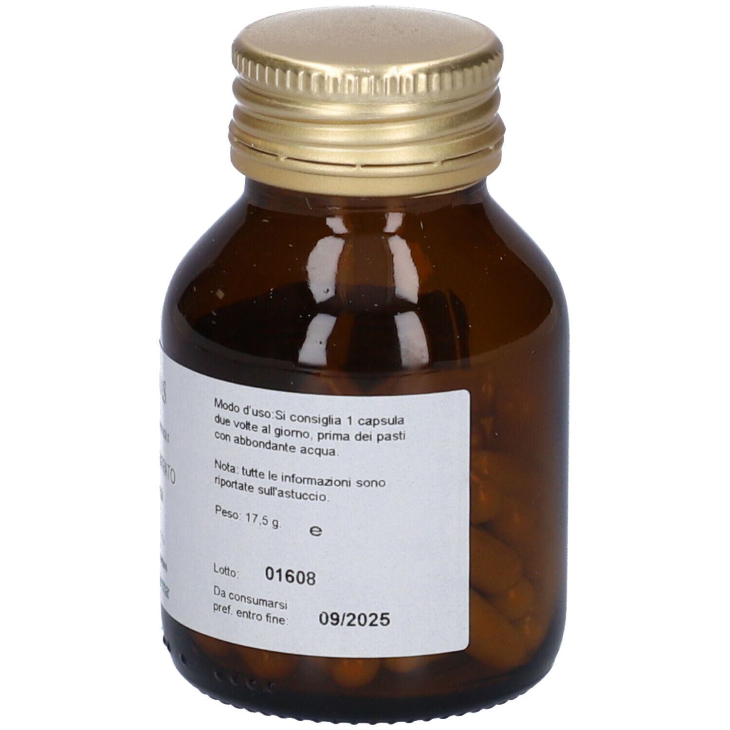 Flacone di vetro marrone con tappo dorato. Etichetta con istruzioni per l'uso e data di scadenza. Scritta: ANANAS, PromoPharma.
